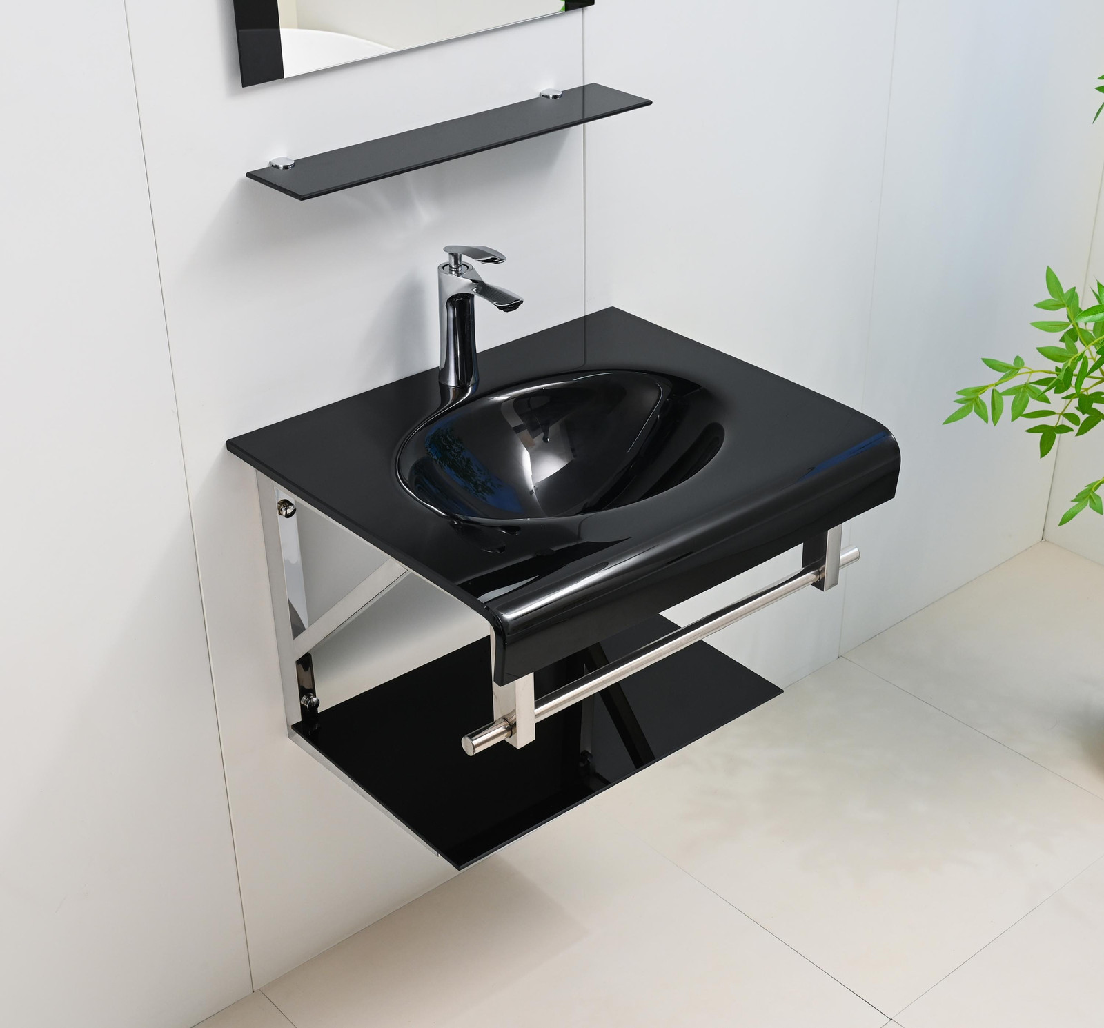 24″ Black Tempered Glass Sink Top Floating Bathroom Vanity Mirror Shelves combo