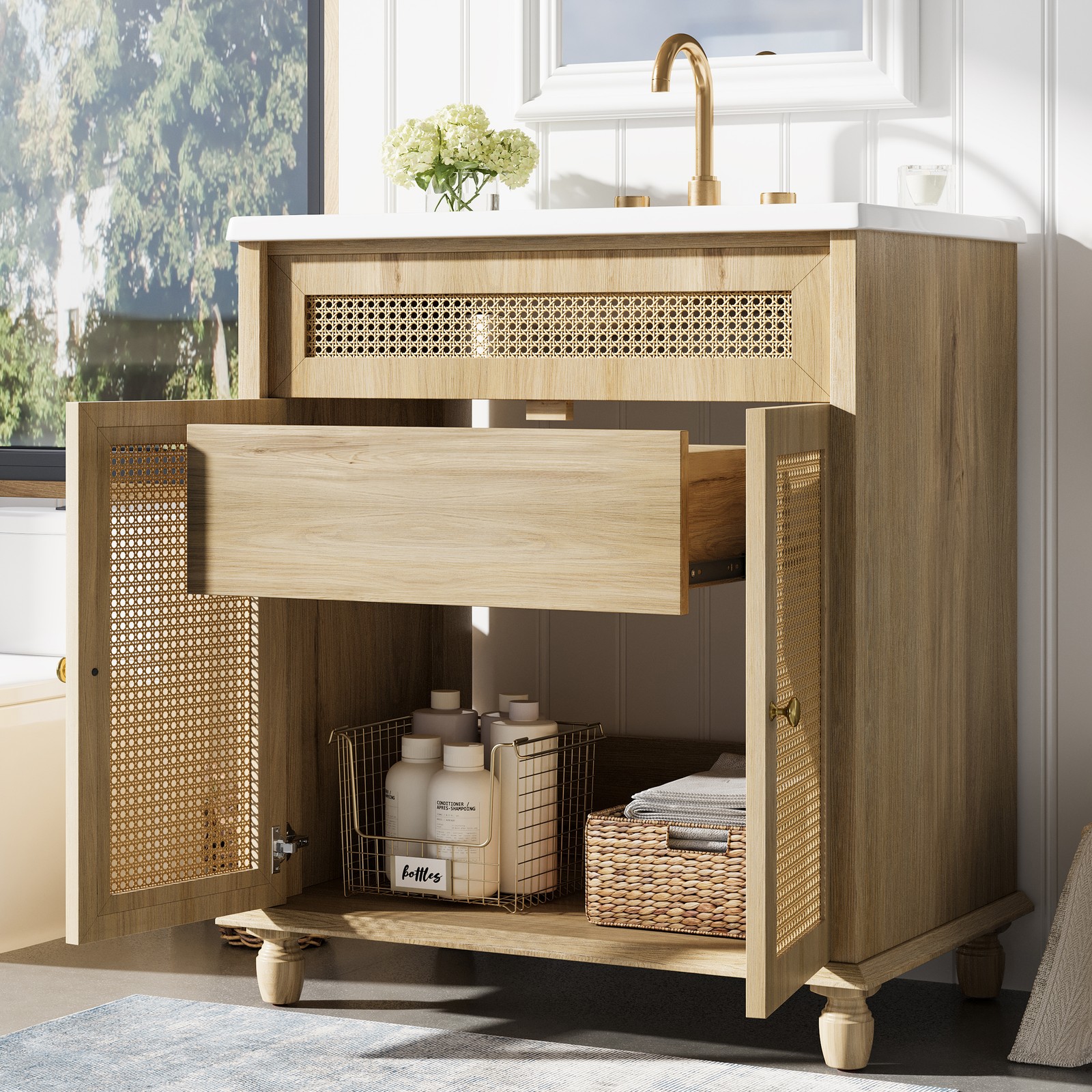 30″ Bathroom Vanity w/Rattan Doors, Solid Wood Legs & Resin Basin Natural Wood