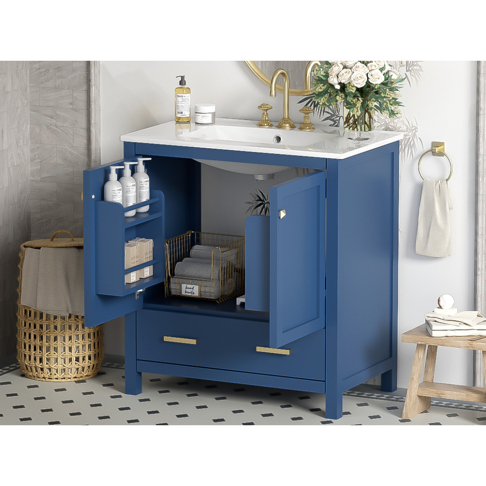 30″ Transitional Bathroom Vanity,Ceramic Sink,2 Door Cabinet & Drawer,Solid Wood