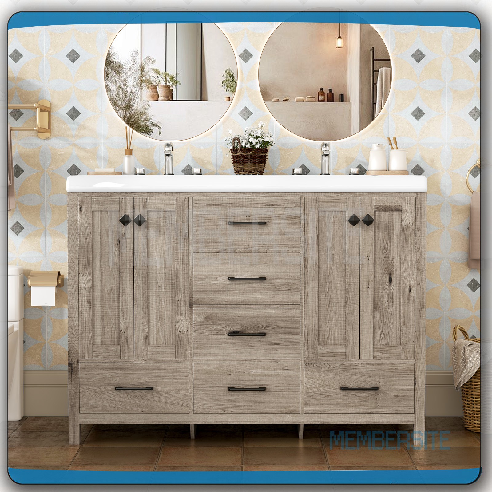 Bathroom Vanity 47.3″ Vanity Top w/Double Sink Ceramic & Drawers Freestanding
