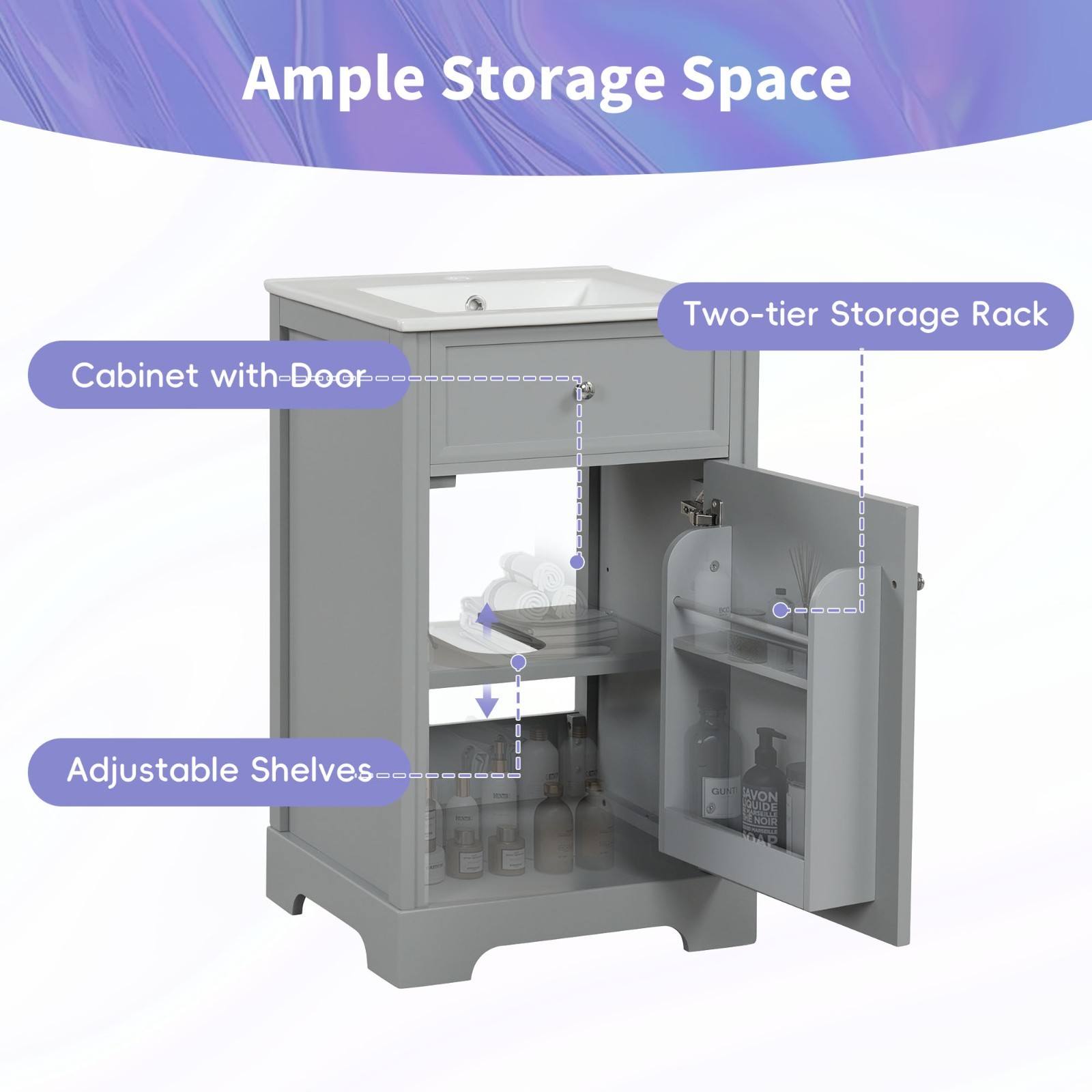 20″ Bathroom Vanity With Sink Soft Closing Door Storage Rack Adjustable Shelf