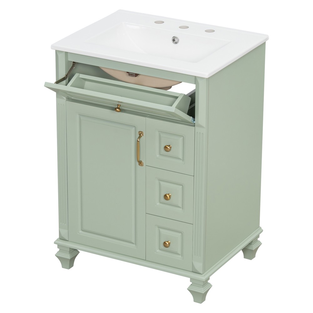 24″ Freestanding Vanity with Ceramic Sink & 3 Drawers, Solid Wood & MDF, Green