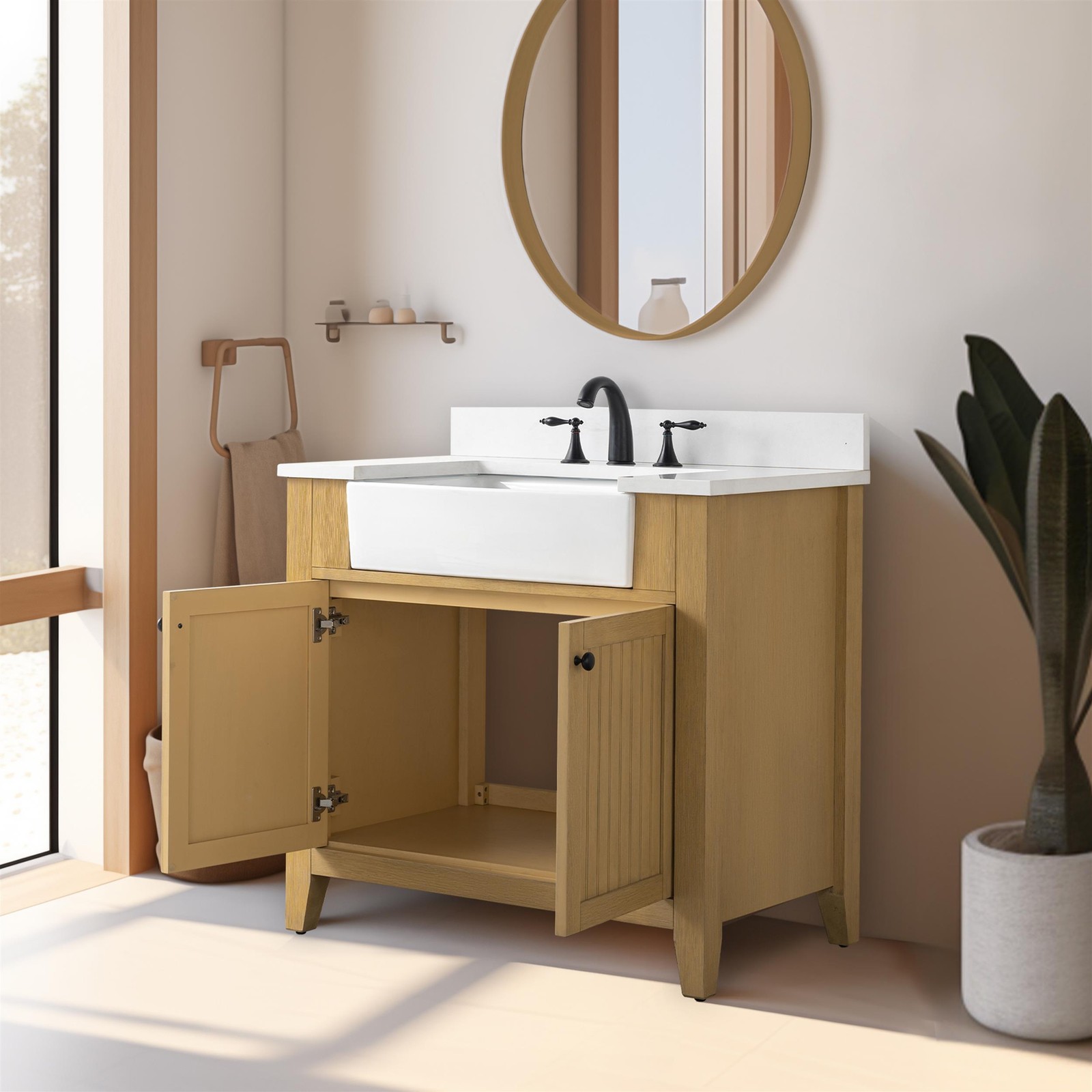 Design Element Burbank 36″ Single Sink Oak Bath Vanity with White Quartz Top