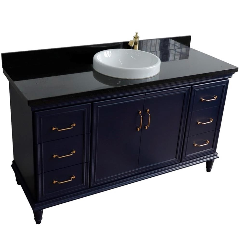 61 in. Single Wooden Vanity Blue Black Galaxy Granite Round Sink
