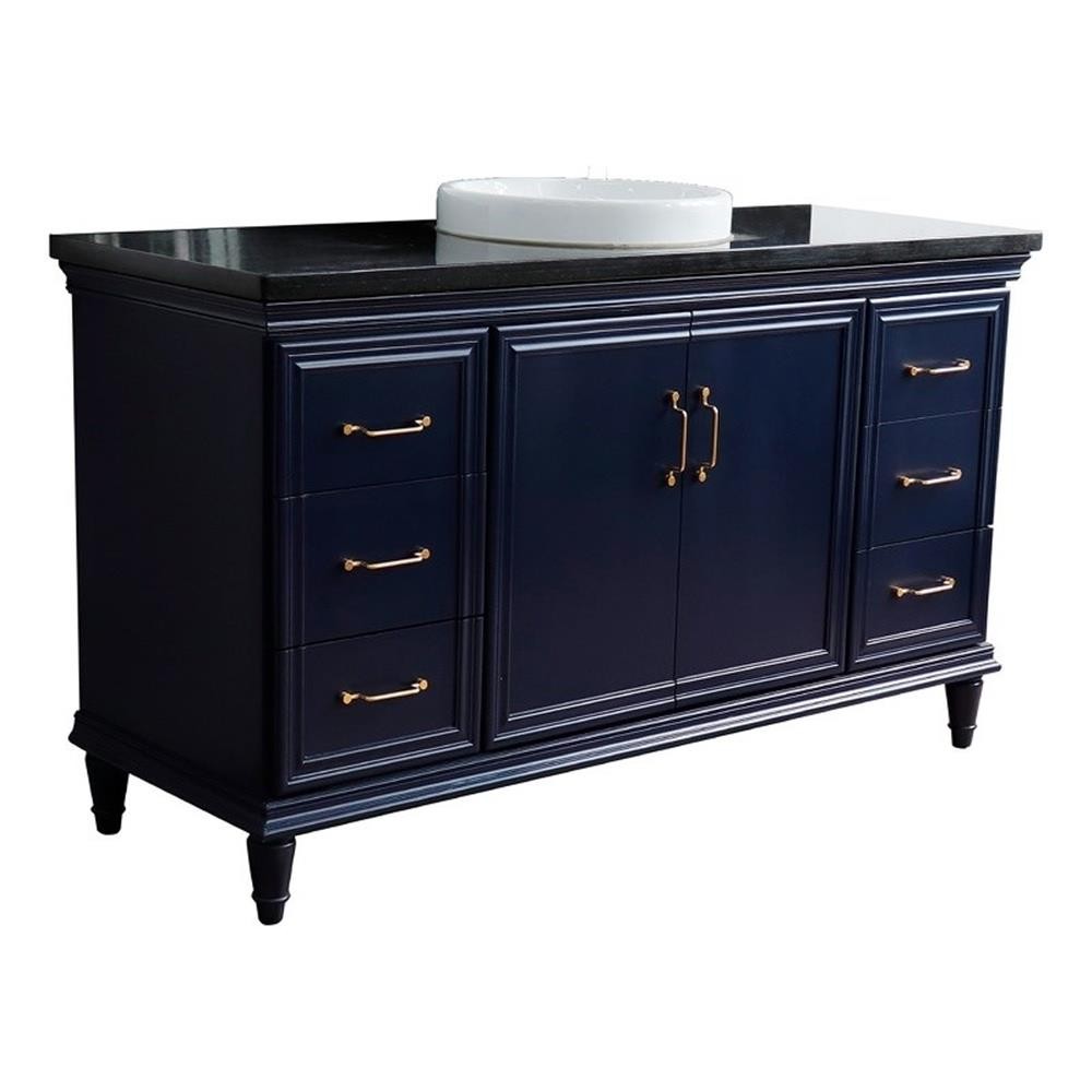 61 in. Single Wooden Vanity Blue Black Galaxy Granite Round Sink