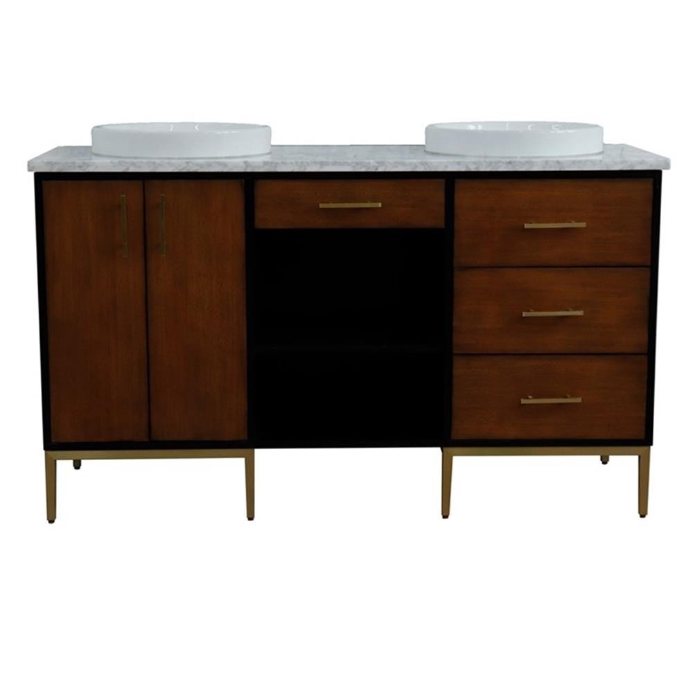 61 in. Double Wooden Vanity Walnut Black White Carrara Marble Round Sink