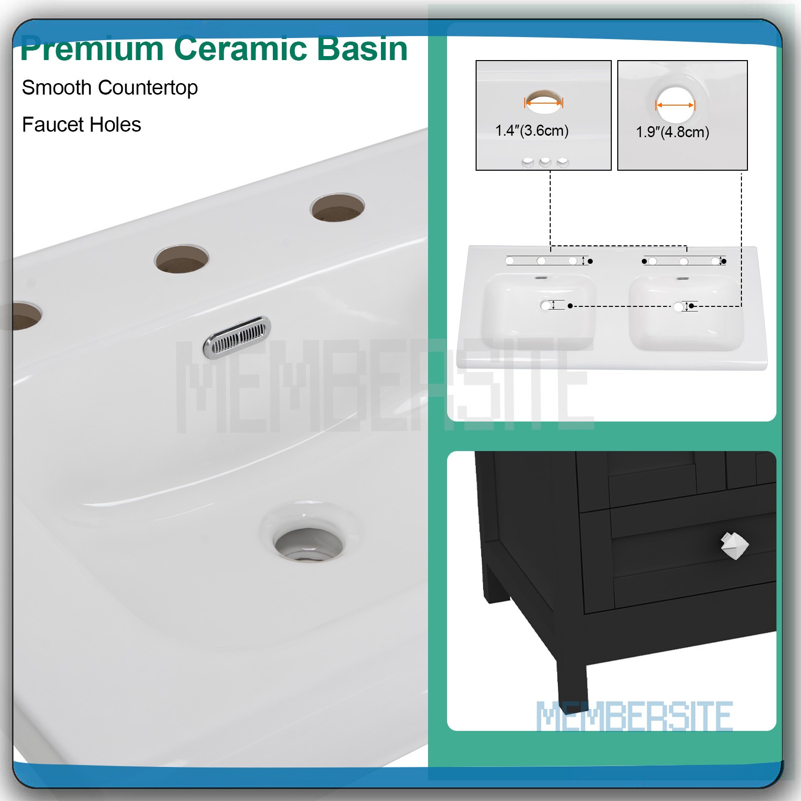Black Bathroom Vanity Cabinet 47.3″ Double Ceramic Sinks , 2 Doors & 6 Drawers