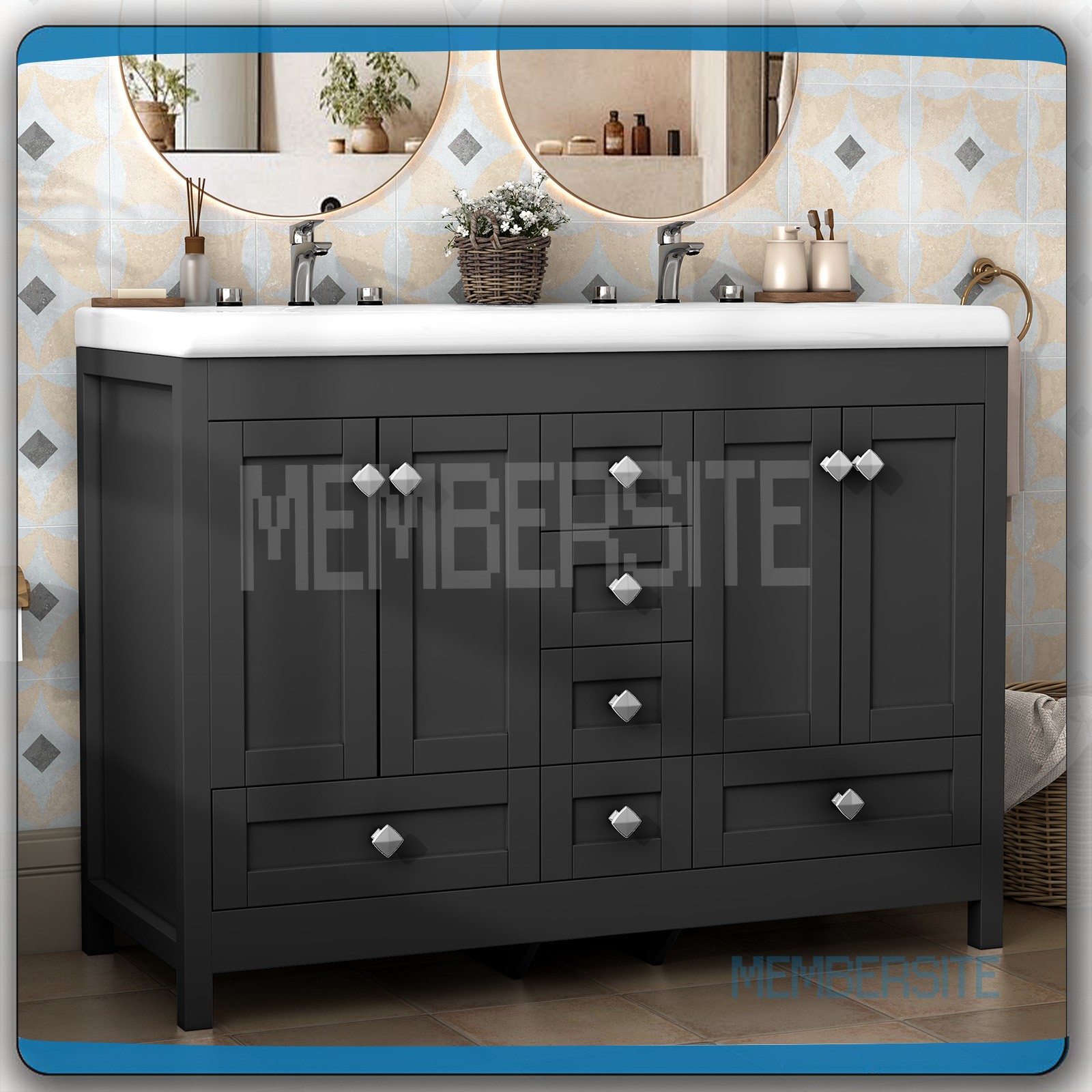 Black 47.3″ Bathroom Vanity Cabinet w/ 2 Ceramic Sinks Vanity Cabinet 6 Drawers