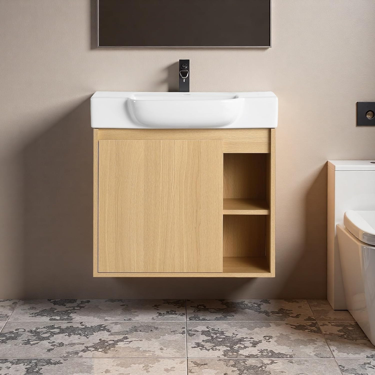 Modern 24″ Wall-Mounted Bathroom Vanity with Ceramic Sink & Open Shelves, Light