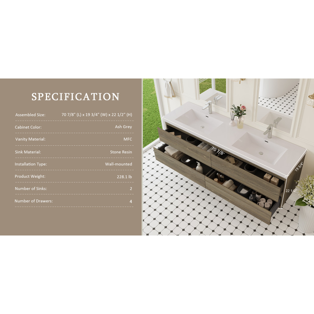 72” Wall Mount Bathroom Vanity with 2 Sinks, Solid Surface Top, Ash Gray