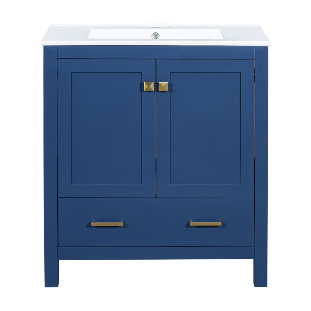 30″ Transitional Bathroom Vanity,Ceramic Sink,2 Door Cabinet & Drawer,Solid Wood