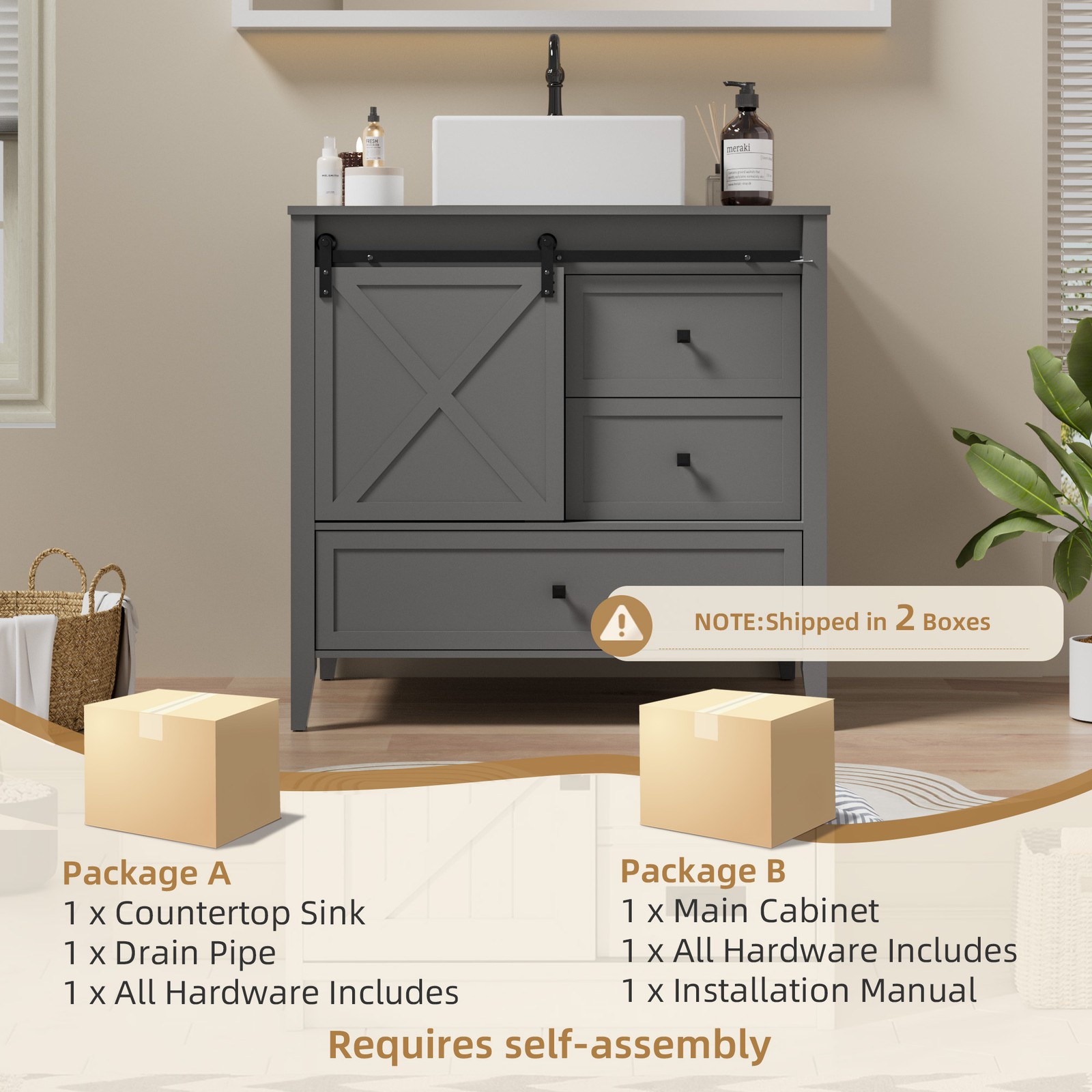 36″ Bathroom Vanity w/ Sink Ceramic Freestanding Cabinet Sliding Barn Door Wood