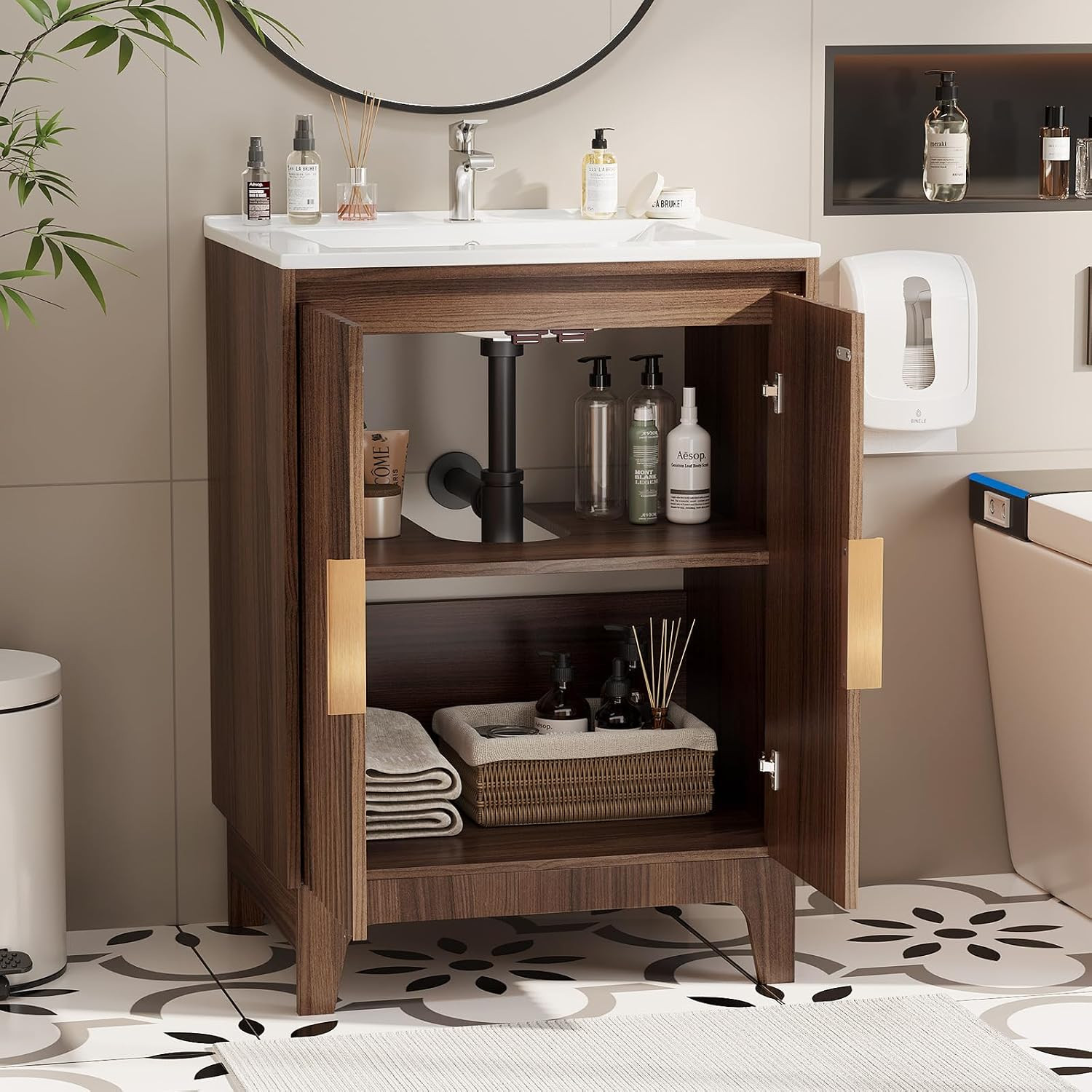 24 Inch Bathroom Vanity with Sink, Mid-Century Modern Vanity with Ceramic Basin