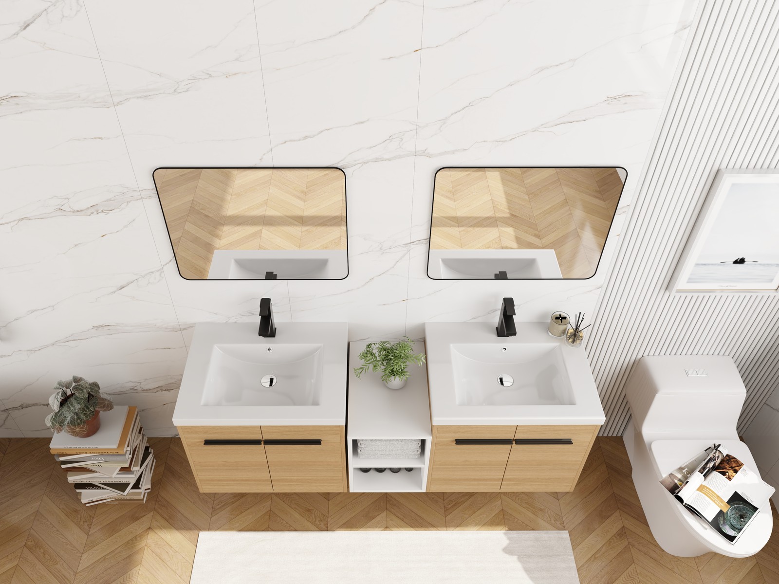 60 Inch Wall Mounted Bathroom Vanity with Resin Sink, 4 Doors & Shelves