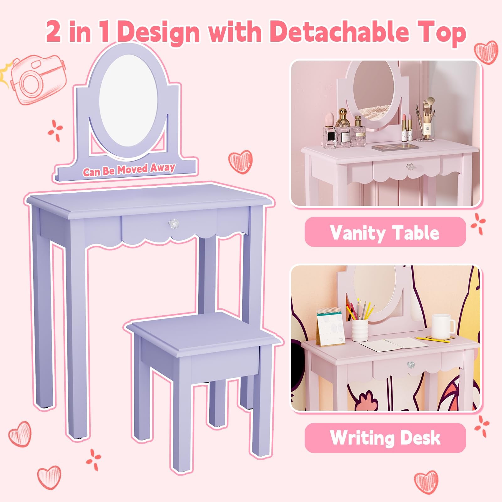 Wooden 2-in-1 Kids Vanity Desk Set with Mirror Stool Detachable Top