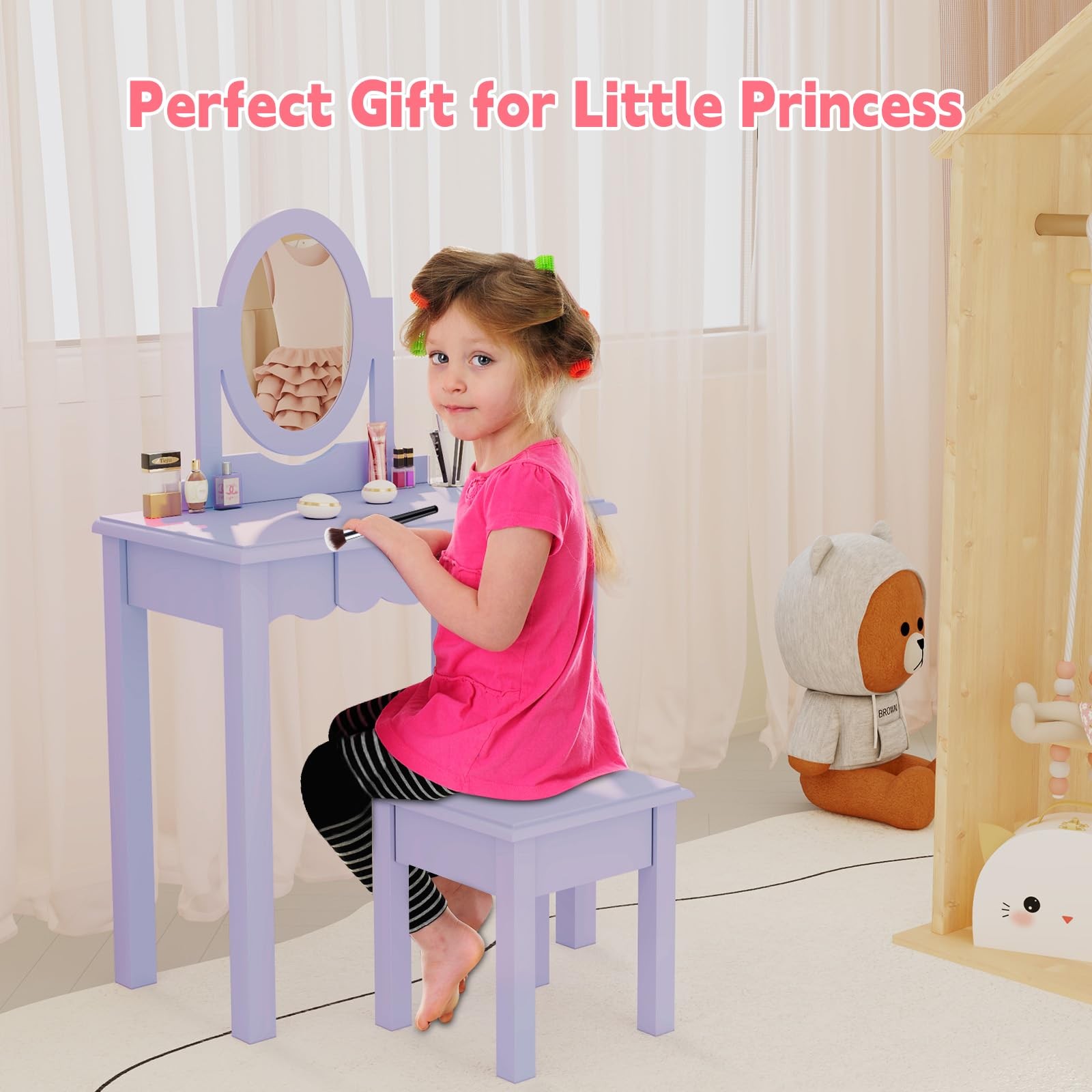 Wooden 2-in-1 Kids Vanity Desk Set with Mirror Stool Detachable Top
