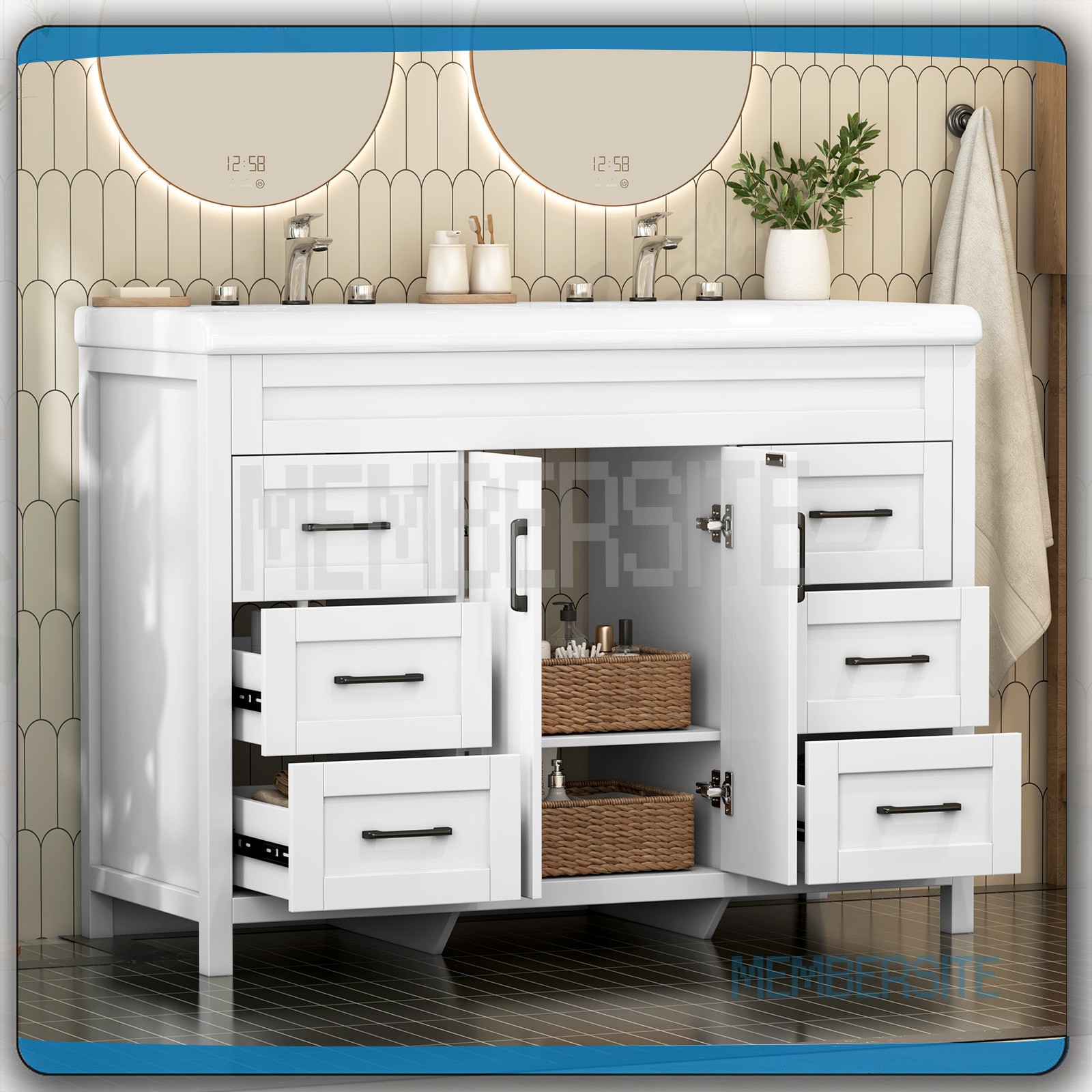 47.3″ Bathroom Vanity Cabinet with Double Sink Ceramic Basin Vanity Freestanding