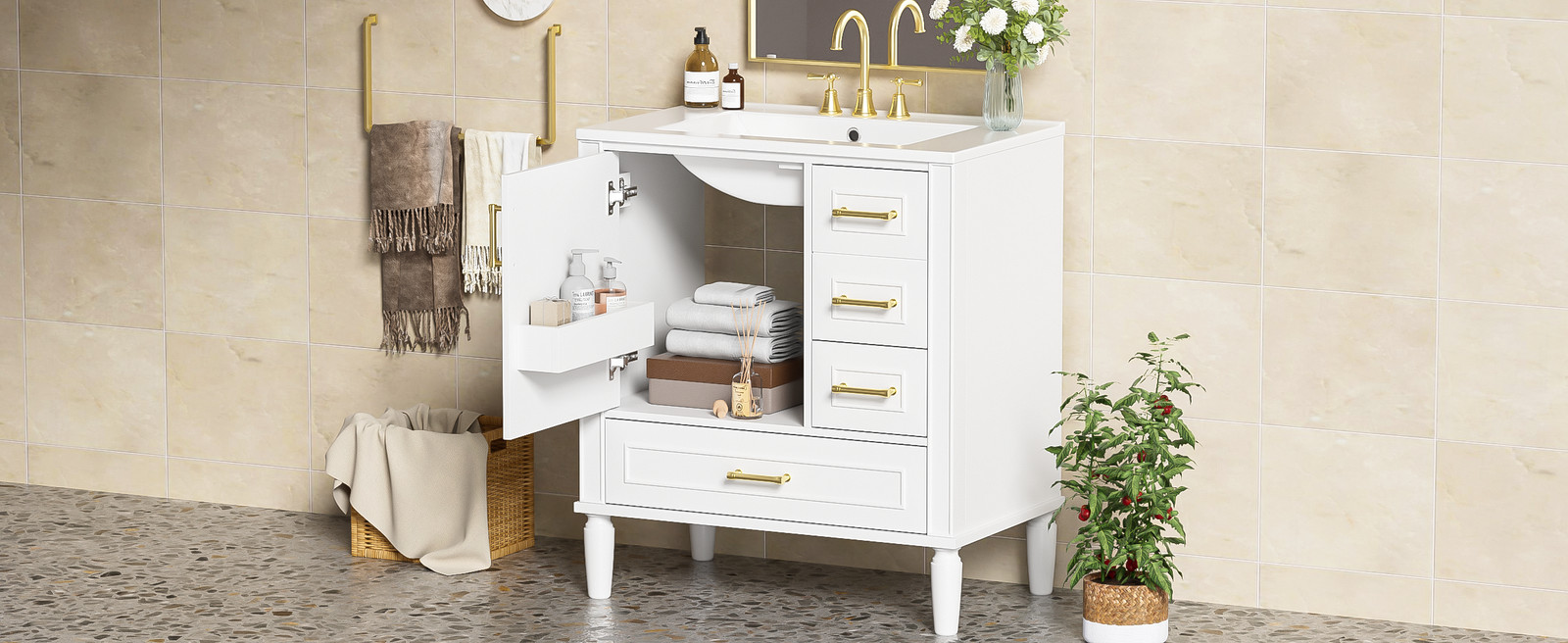 30″ Bathroom Vanity with Ceramic Sink, Soft-Close Door and Drawers, White
