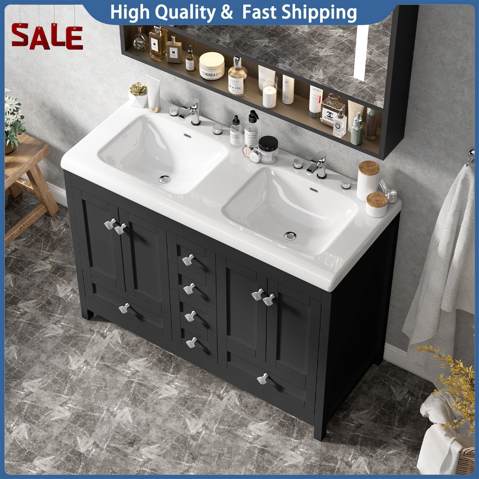 Bathroom Vanity Freestanding Double Basin Ceramic Sink Vanity Cabinet w/ Drawers
