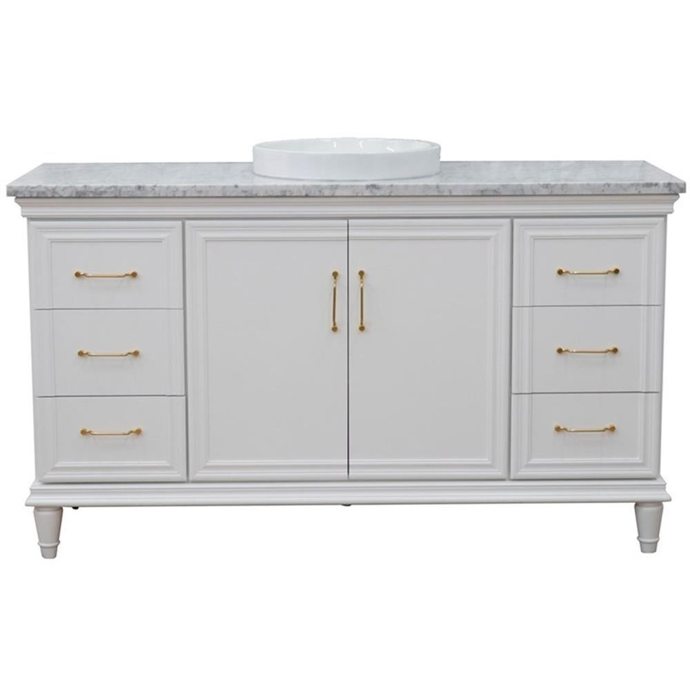 61 in. Single Wooden Vanity White with White Carrara Round Sink