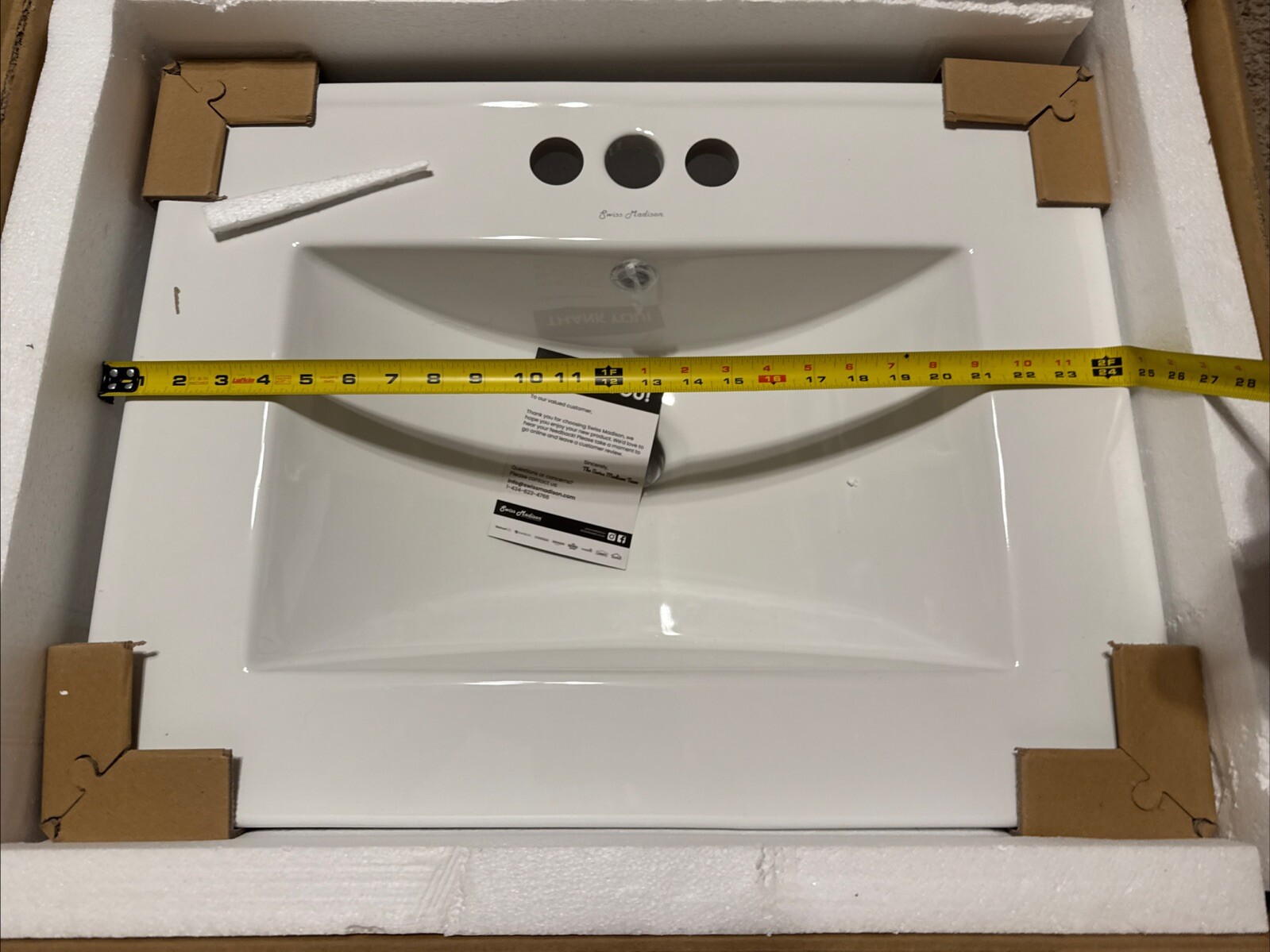 Swiss Madison 24 in. Ceramic Vanity Top with 3-Faucet Holes with White Basin
