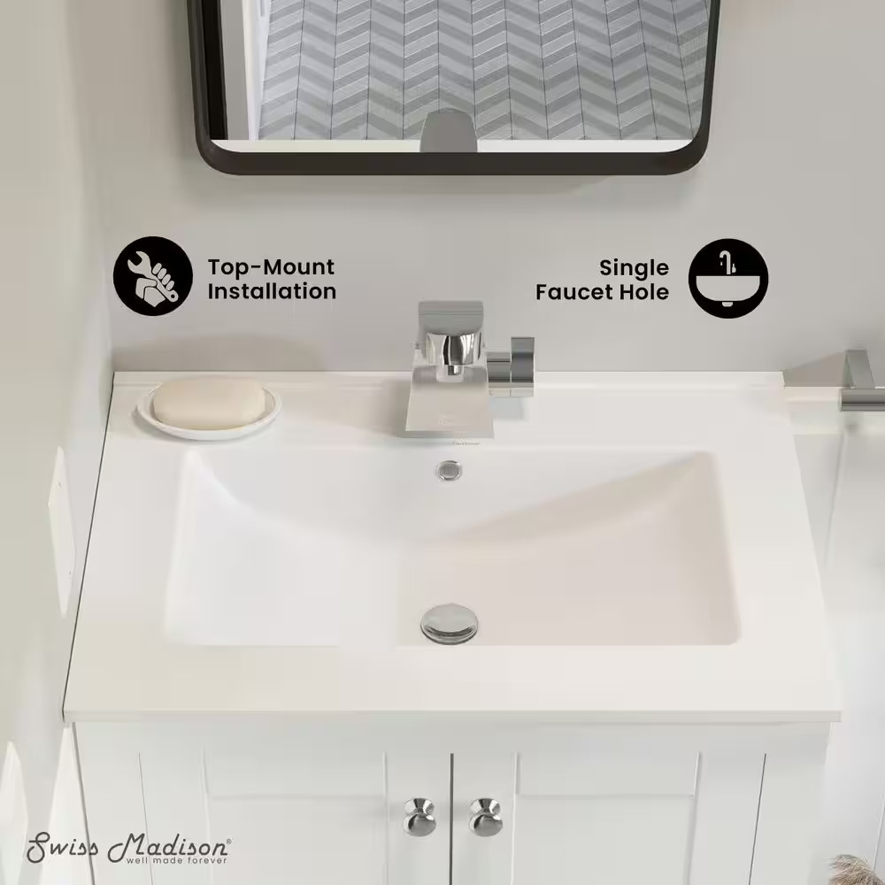 24 In. Ceramic Single Faucet Hole Vanity Top in White with White Basin