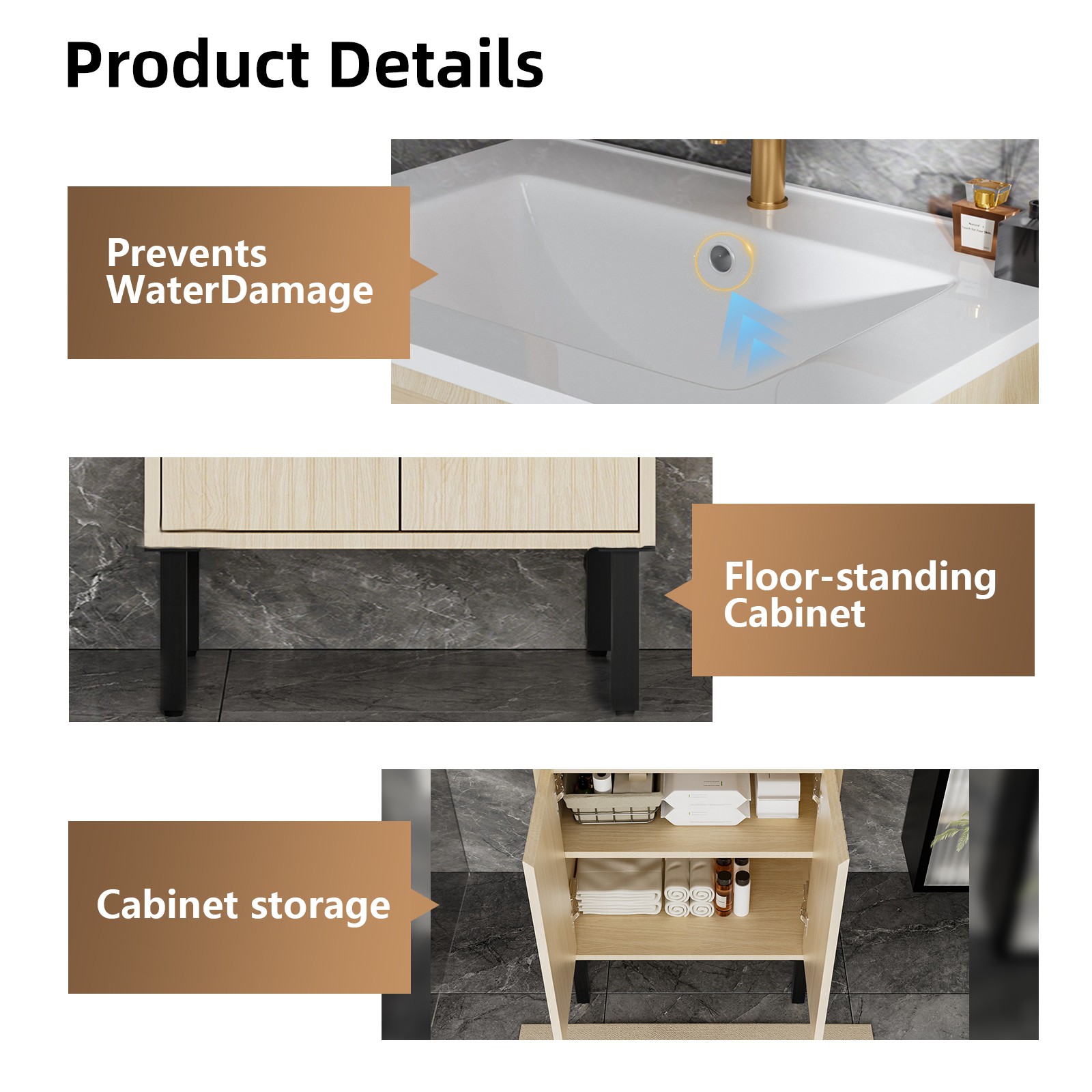 24 Inch Bathroom Vanity with Sink, Oak Finish, White Ceramic