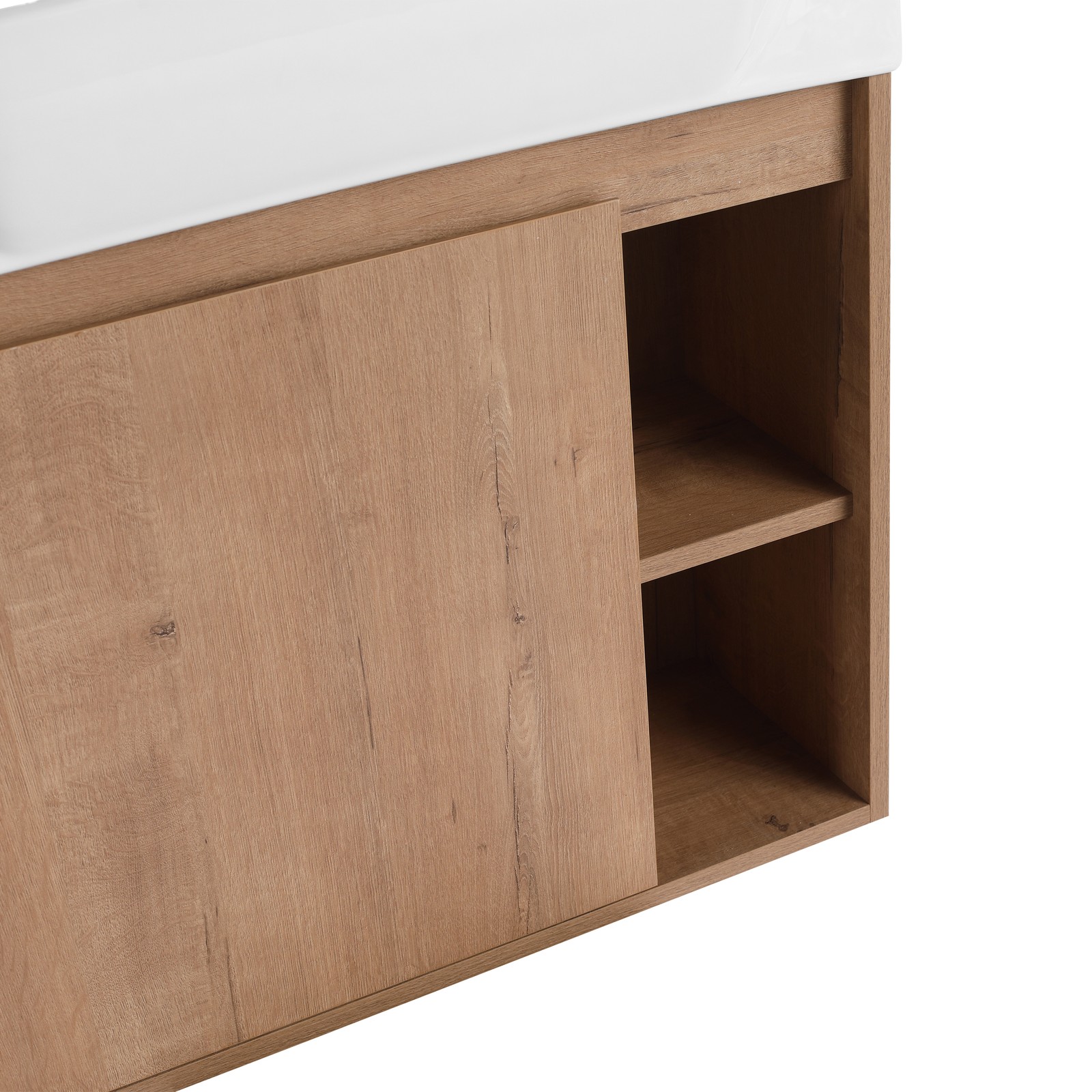 24in Plywood Wall-Mounted Bathroom Vanity W/ Ceramic Sink Basin Door Shelf Oak