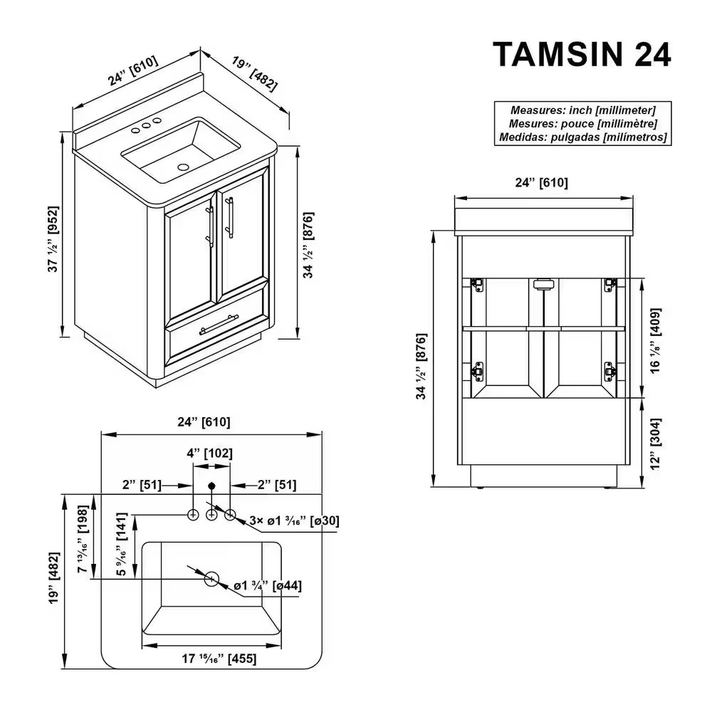 Tamsin 24 In. Single Sink Freestanding White Bath Vanity with White round Corner