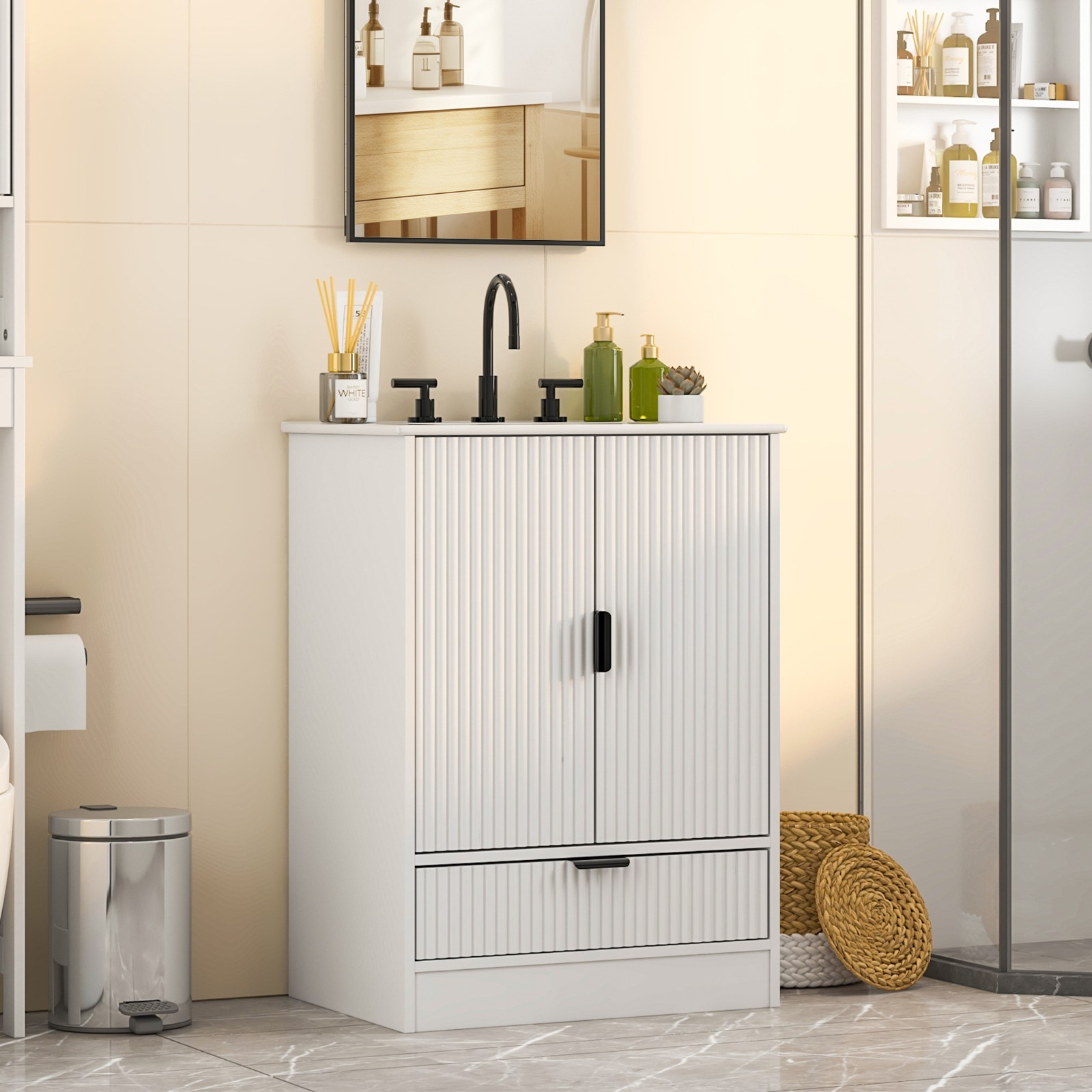 Bathroom Vanity With Sink Freestanding White Cabinet Storage Ceramic Vessel Sink