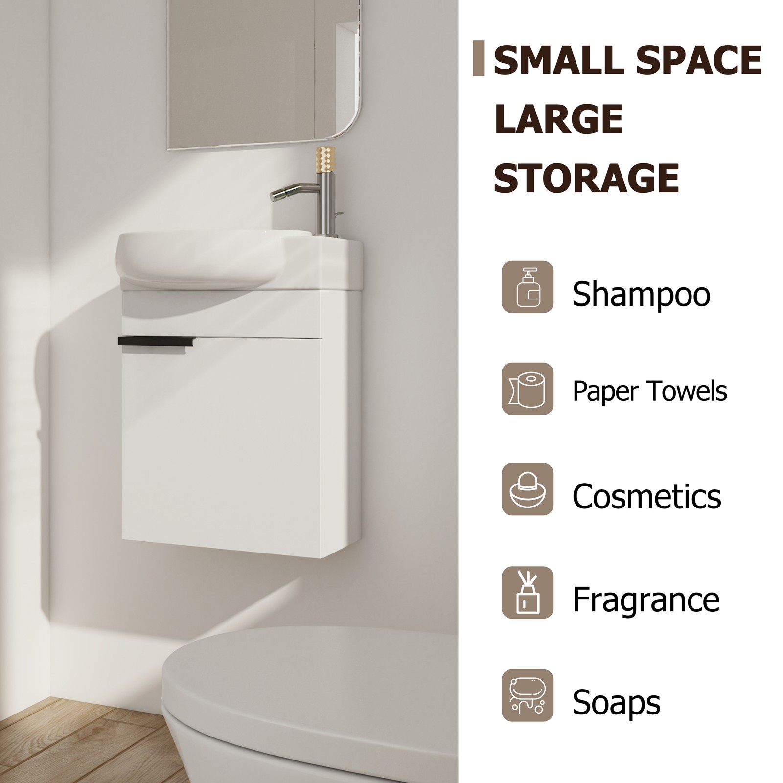 16″ Plywood Freestanding Bathroom Vanity Ceramic Sink Basin +Storage Rack White