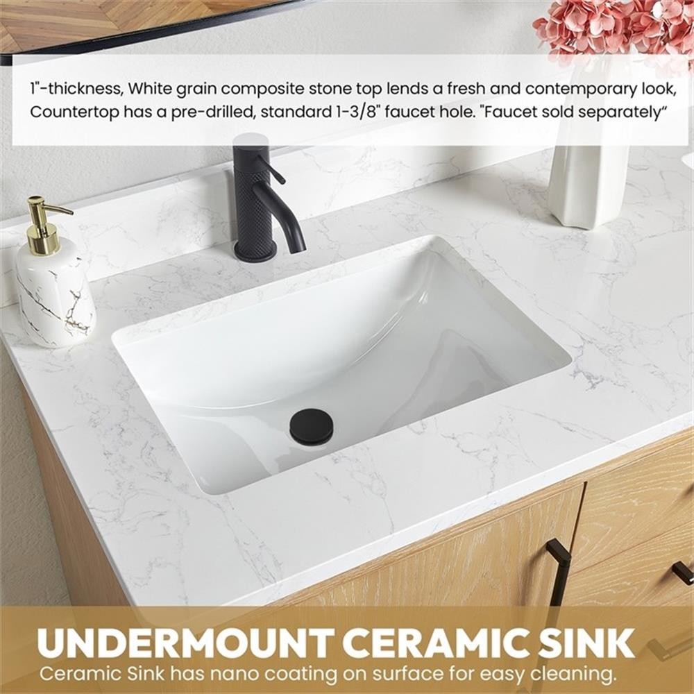 Gara 30″ Single Bath Vanity in Washed Ash Grey w/ White Grain Composite & Mirror