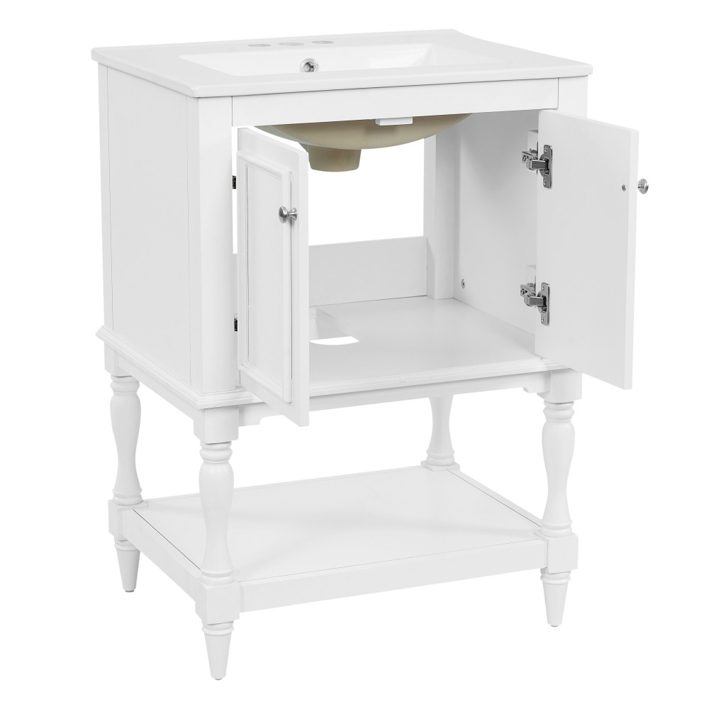 24″ Modern Bathroom Vanity w/ Ceramic Sink & Storage, White