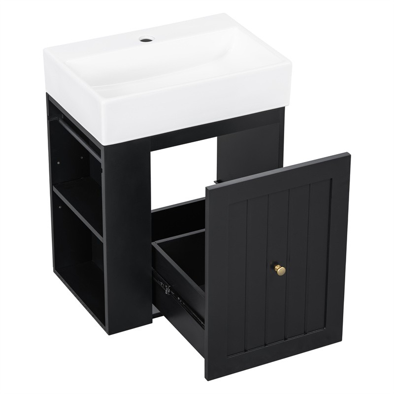 20″ Bathroom Vanity w/Ceramic Sink Black Storage Cabinet with Drawer,Side Shelf