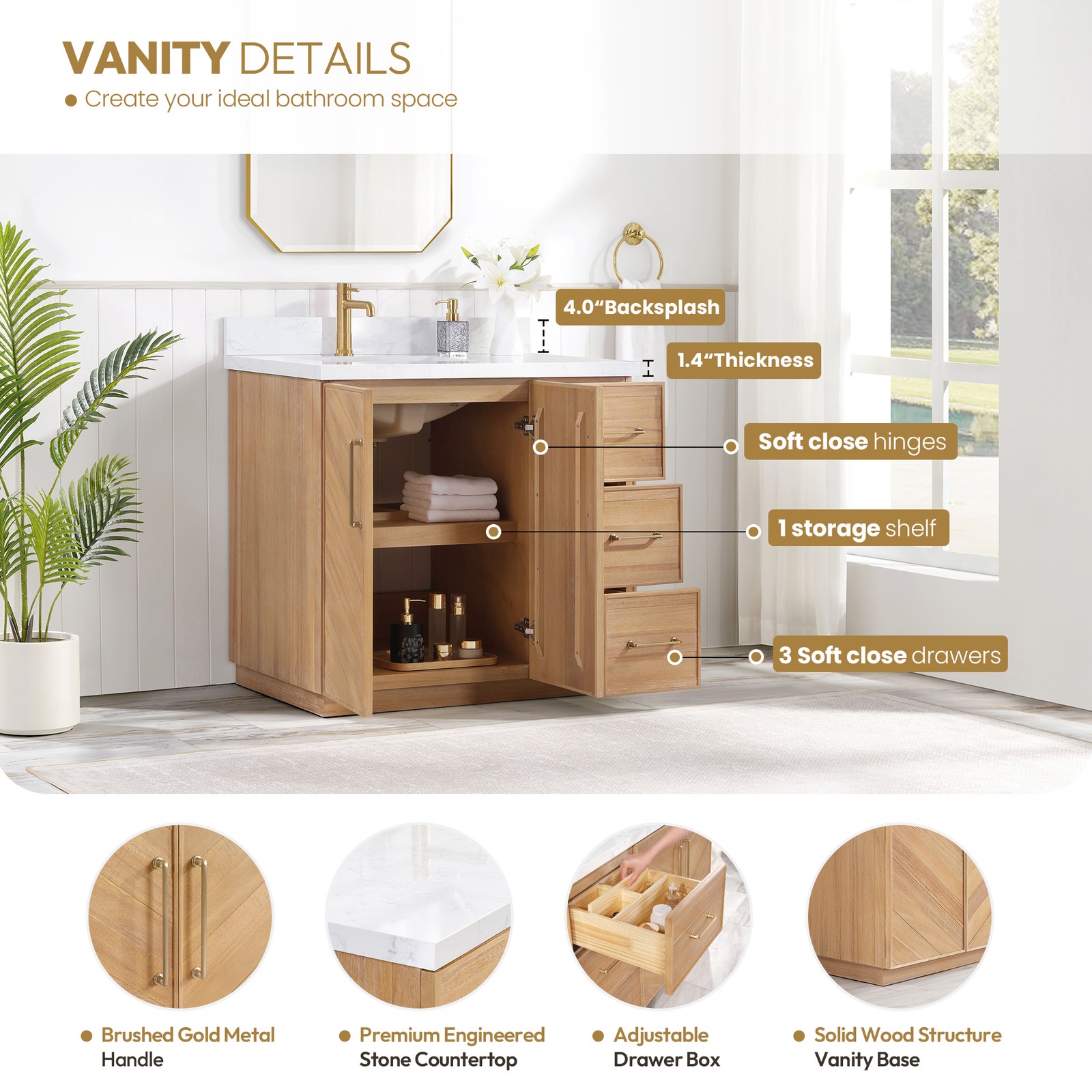 Karachi 36″ Single Bath Vanity in Acacia Classic Gray with Composite Stone Top