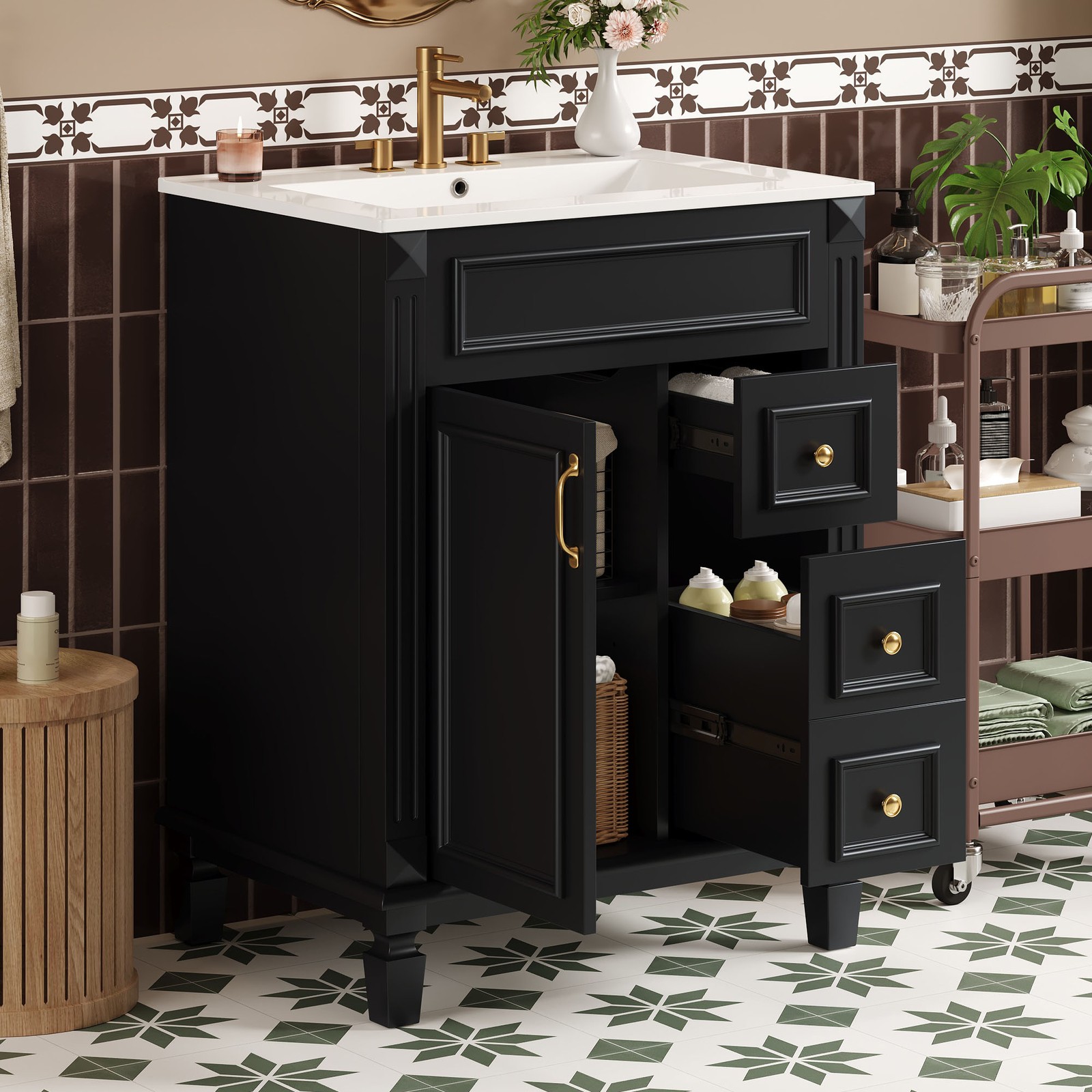 24″ Bathroom Vanity w/Ceramic Sink, Small Bathroom Sink Cabinet with 2 Drawers