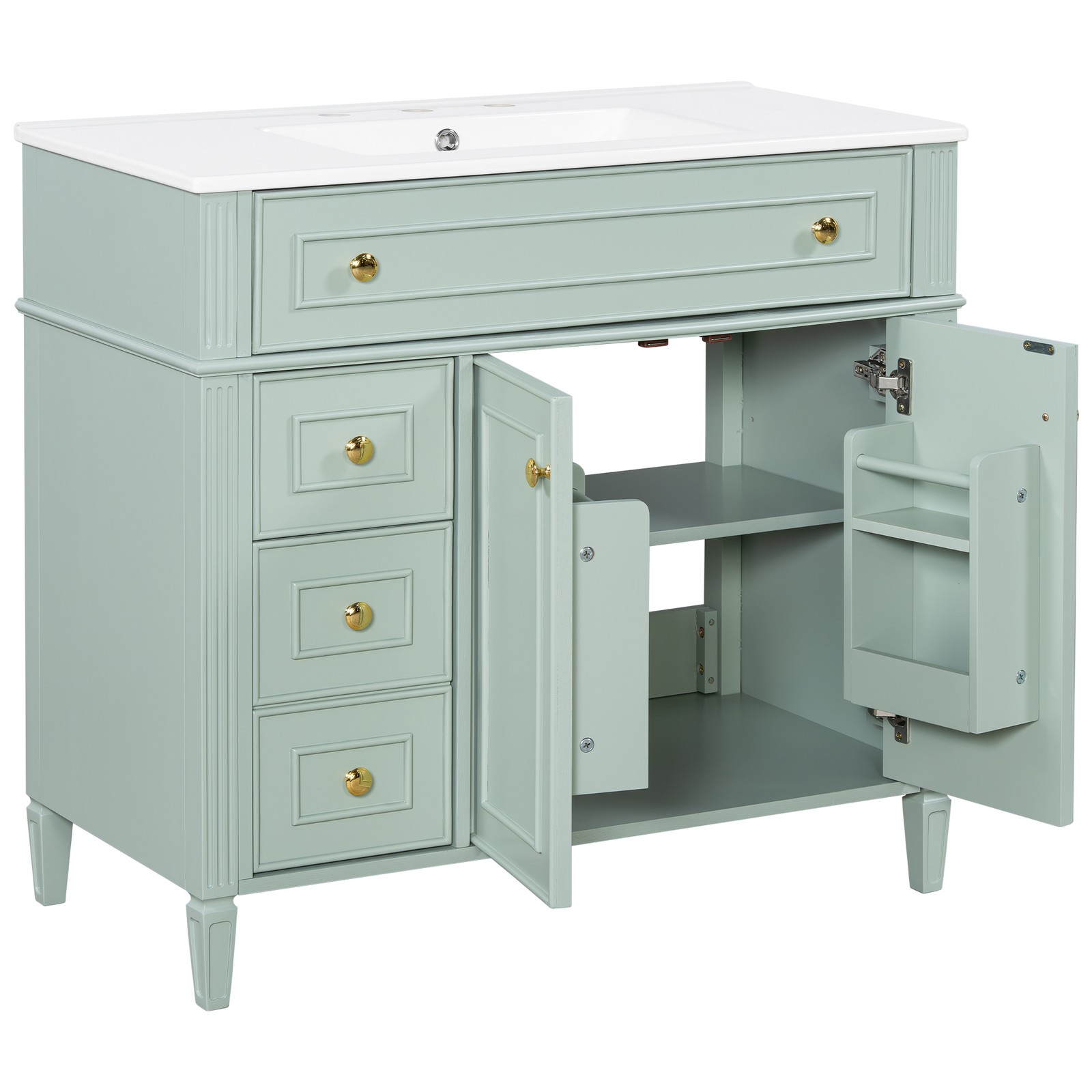 36in Green Bathroom Vanity with Tilt-Out Drawer & Gold Handles