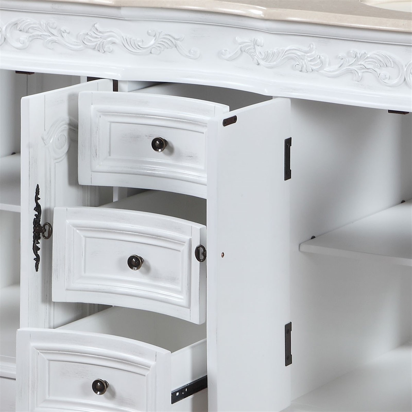 58″ Lavatory Double Sink Bathroom Vanity Cabinet Crema Marfil Marble Top 145CM