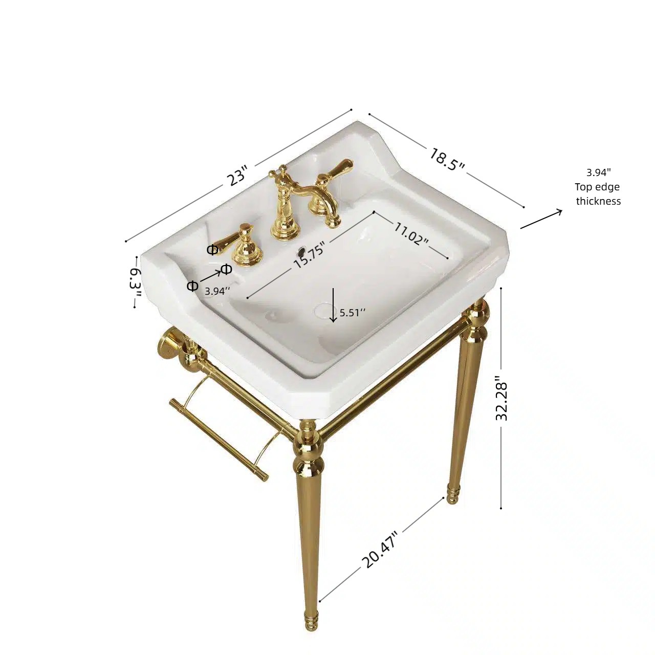 23″ Bathroom Console Sink Wall Mounted White Ceramic Vanity Basin Gold