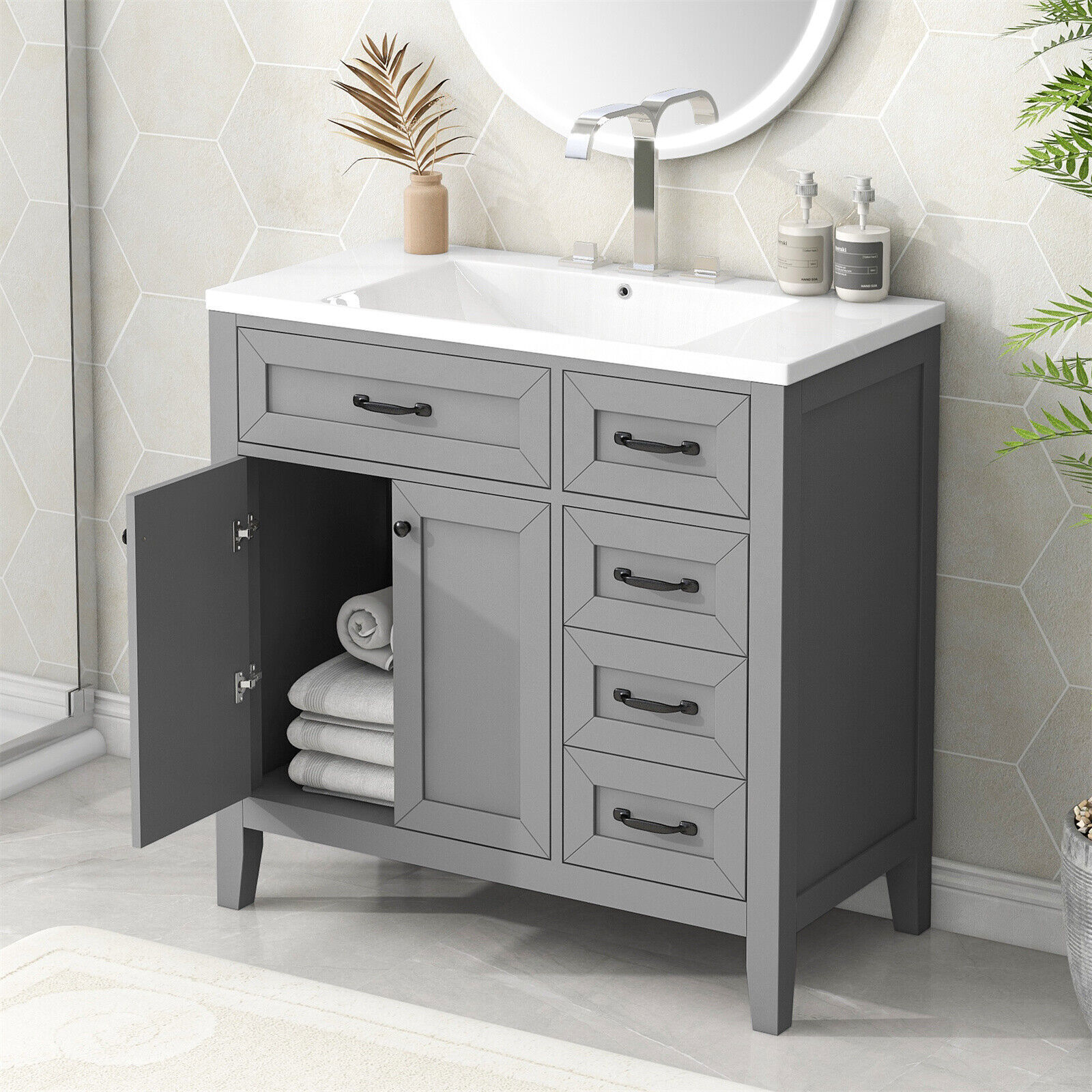 Modern 36″ Bathroom Vanity w/Sink Combo Wood Bathroom Cabinet Set with Drawers