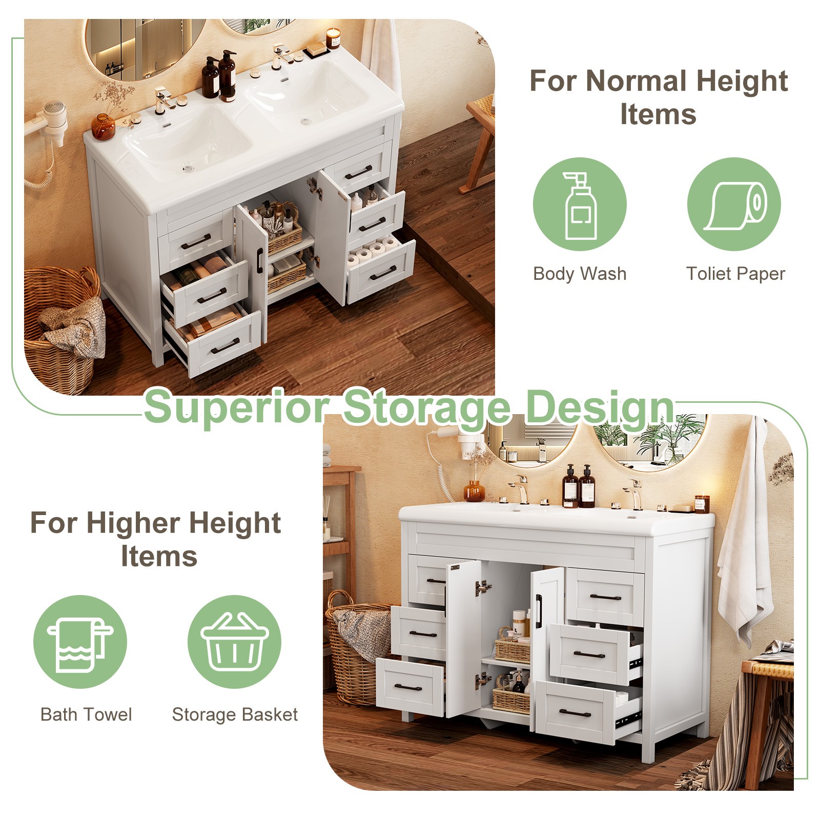 White Bathroom Vanity Double Sink Freestanding Cabinet with Storage Drawers