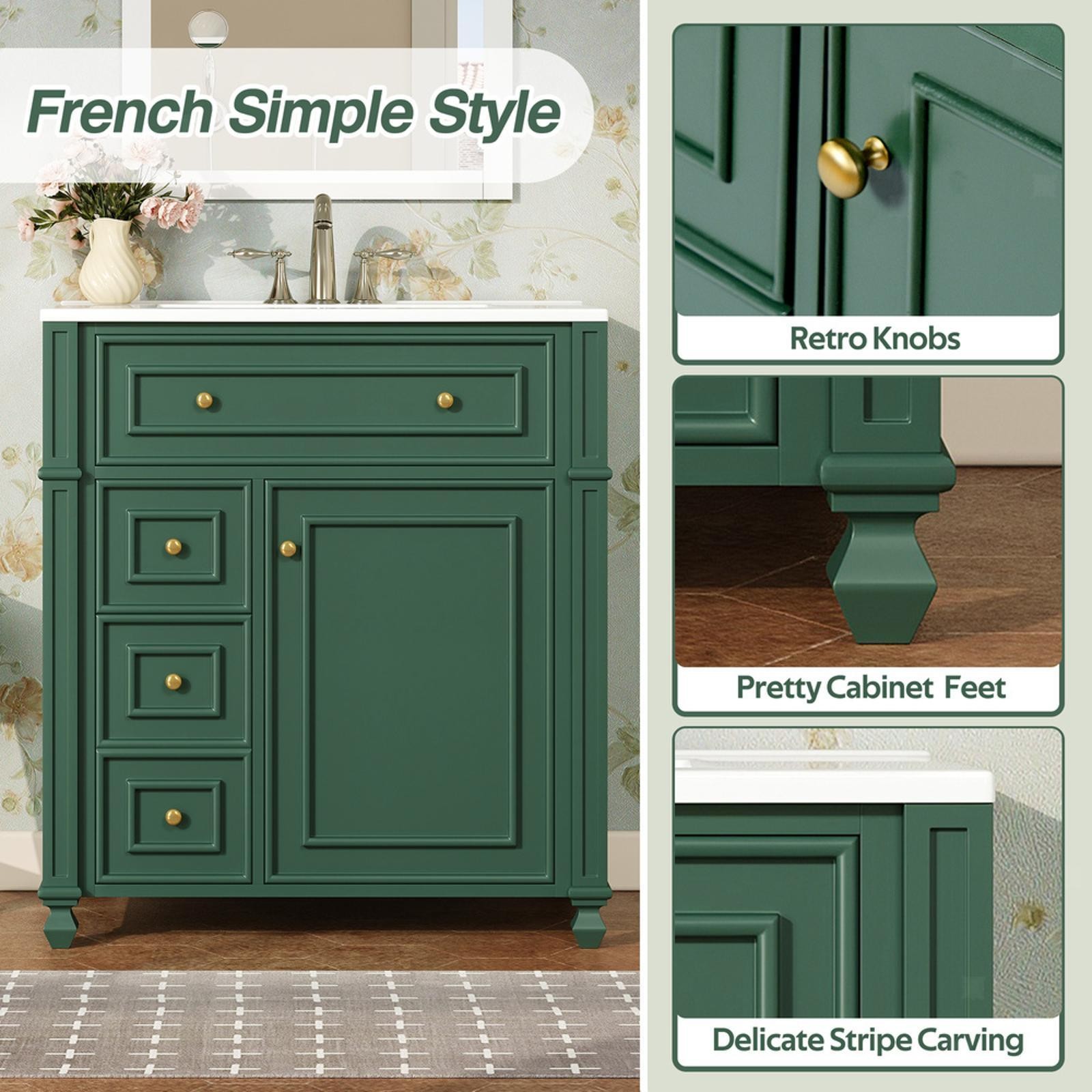 French Bathroom Vanity with Ceramic Basin, Adjustable Storage, Doors, and