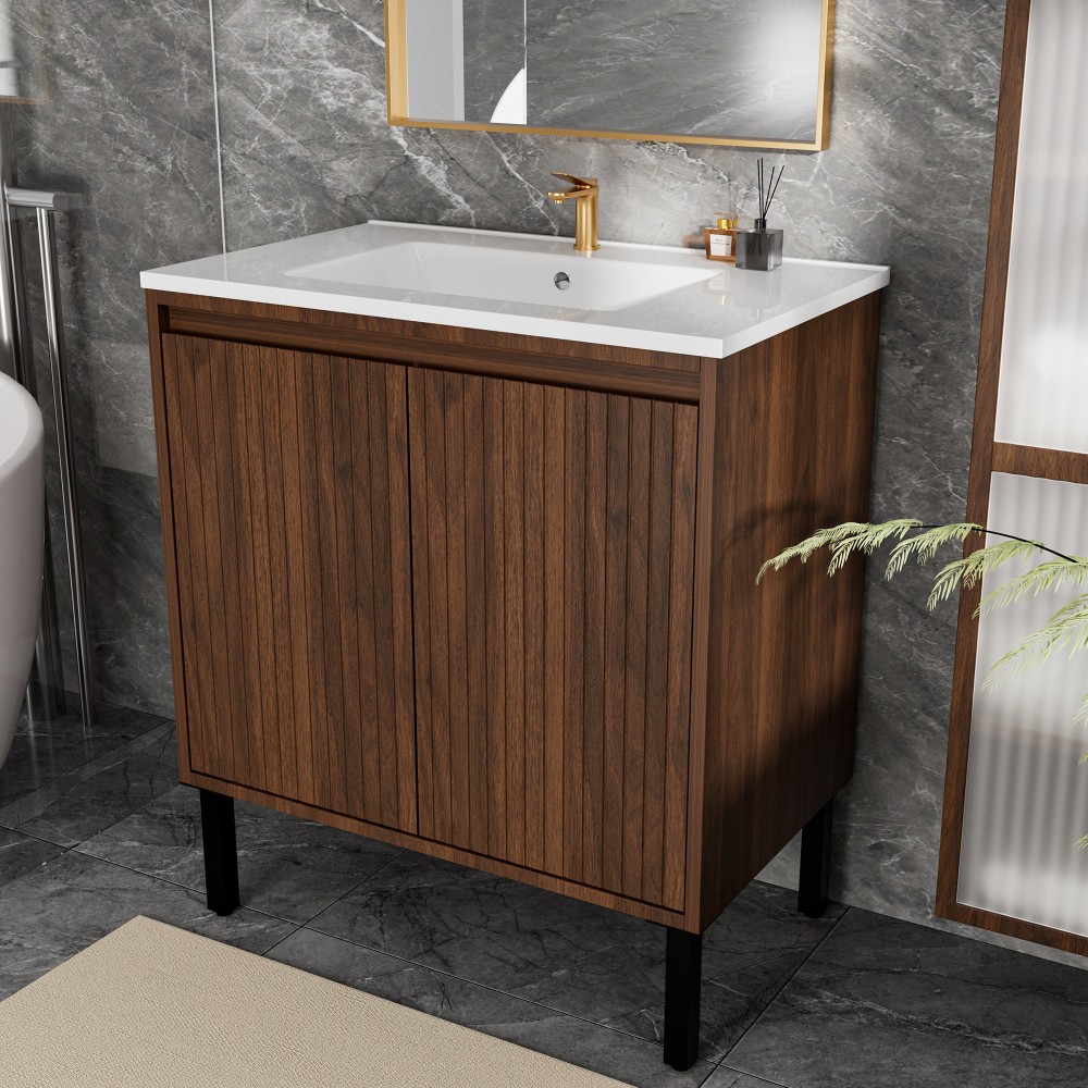 Modern Bathroom Vanity: White Sink, Soft Close Drawers, Walnut Wood Finish