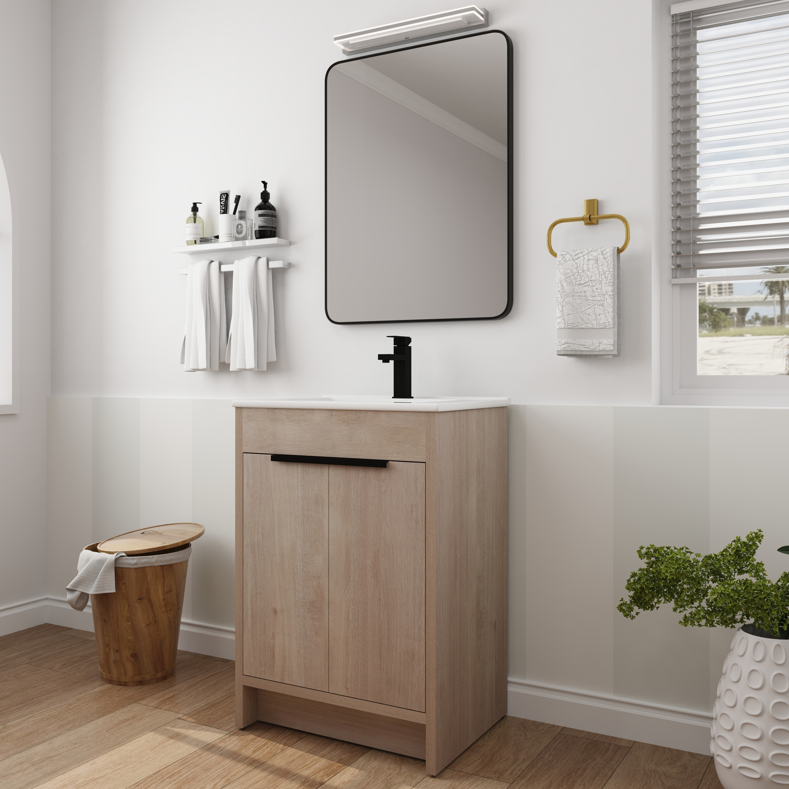 24in Wooden Freestanding Bathroom Vanity Ceramic Sink +2Doors +Adjustable Shelf