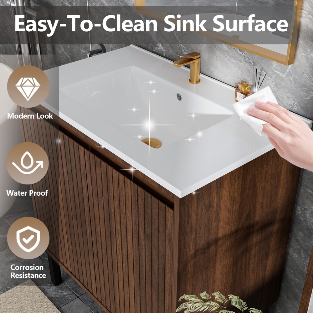 Modern Bathroom Vanity: White Sink, Soft Close Drawers, Walnut Wood Finish