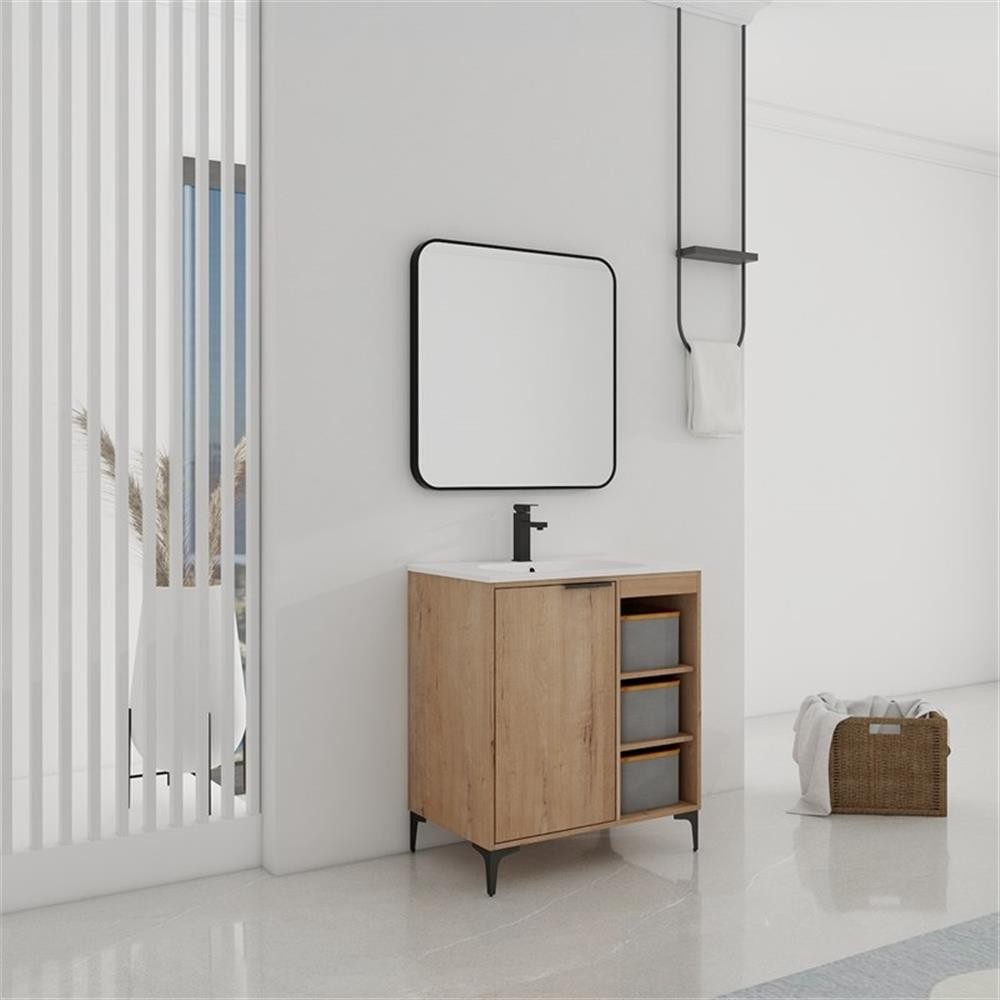 30 in. Single Vanity in Natural finish with Solid Surface Resin White Sink
