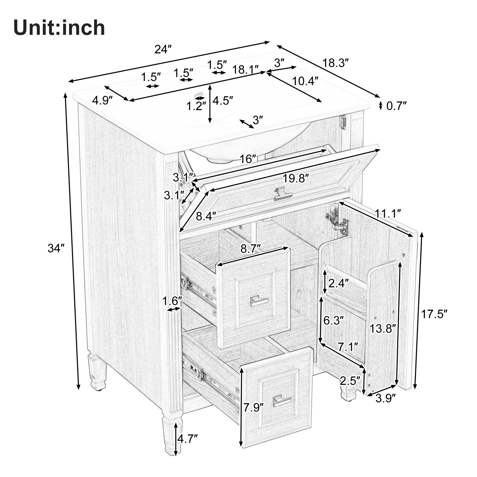 24″ Green Bathroom Vanity with Sink, Solid Wood & MDF Cabinet