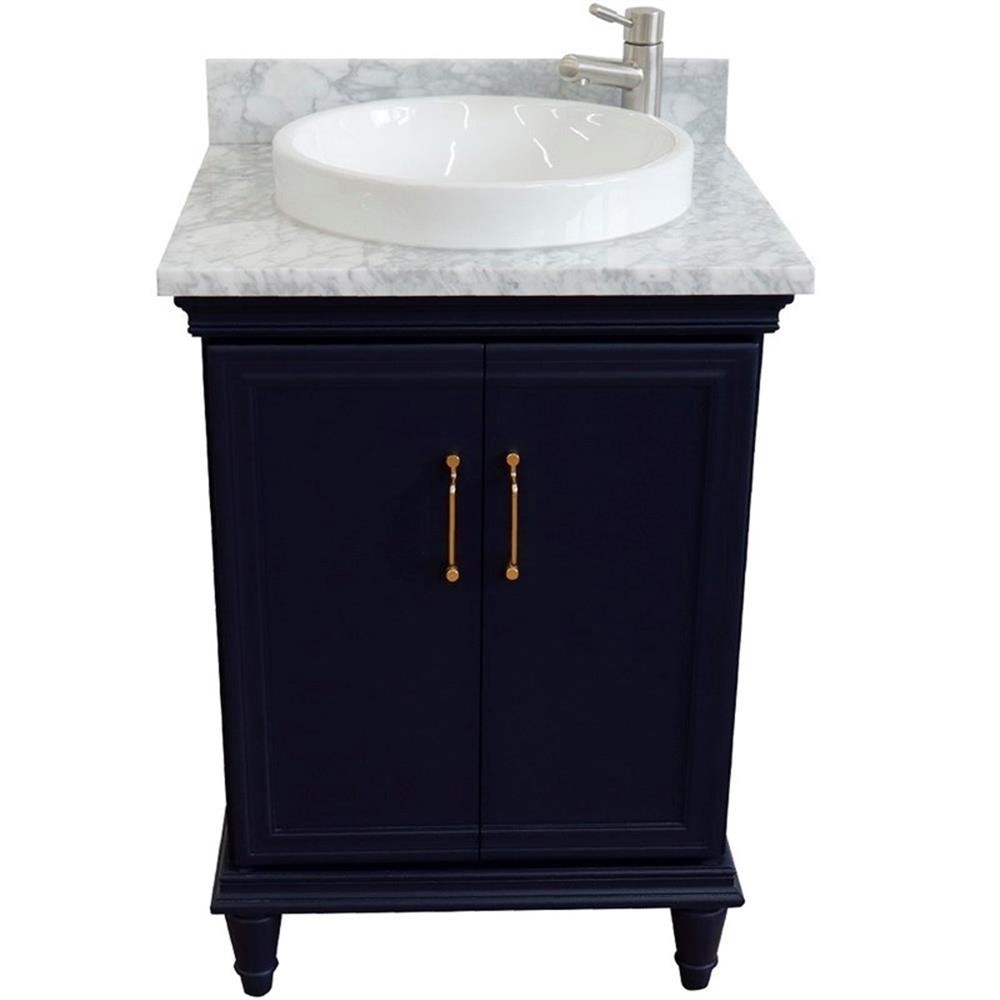 25 in. Single Wooden Vanity Blue with White Carrara Round Sink