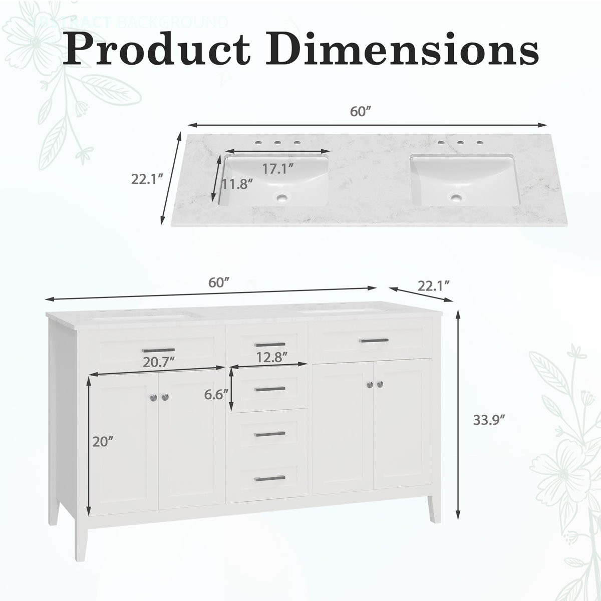 60″ Double Sink Bathroom Vanity w/ Ceramic Top Modern Wood Cabinet 3-Drawer