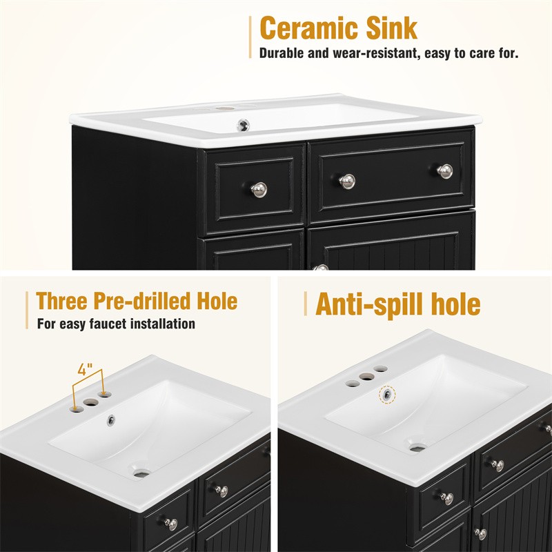 24″ Black Bathroom Vanity Cabinet with Ceramic Sink,2 Drawers,1 Soft-Close Door